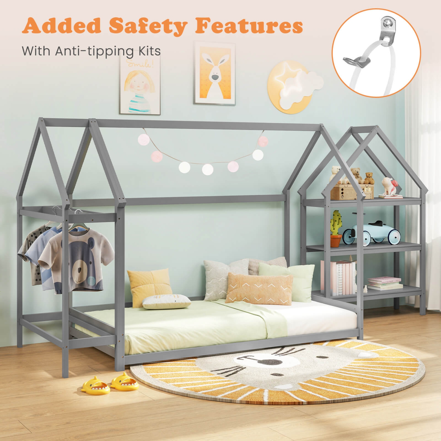 Costway Twin Size House Bed Montessori Floor Bed with Detachable Storage Shelves