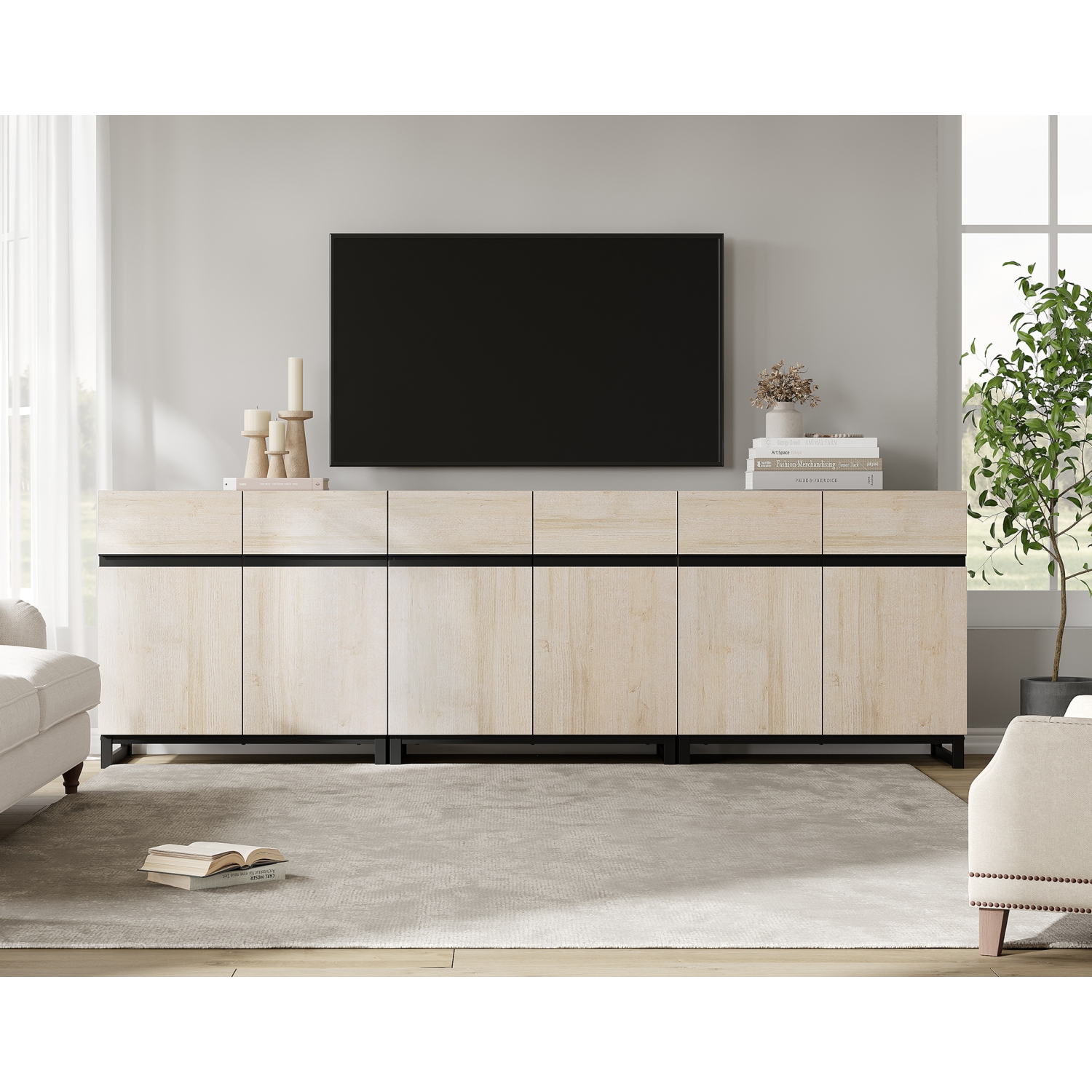 WAMPAT Modern TV Stand for TVs up to 100+ inch, 3 in 1 Entertainment Center with with Adjustable Shelf & Doors, 94.5" Media Console with Storage for