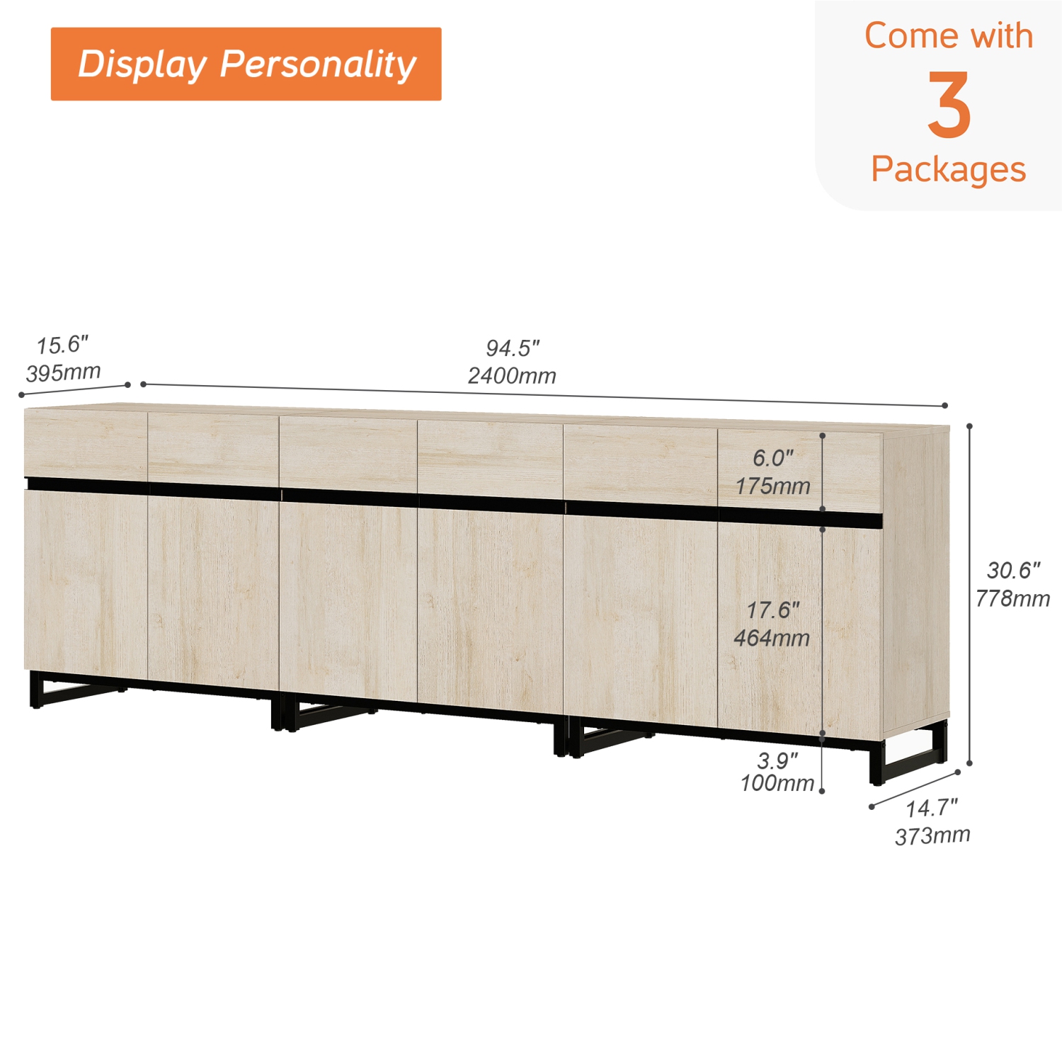 WAMPAT Modern TV Stand for TVs up to 100+ inch, 3 in 1 Entertainment Center with with Adjustable Shelf & Doors, 94.5" Media Console with Storage for