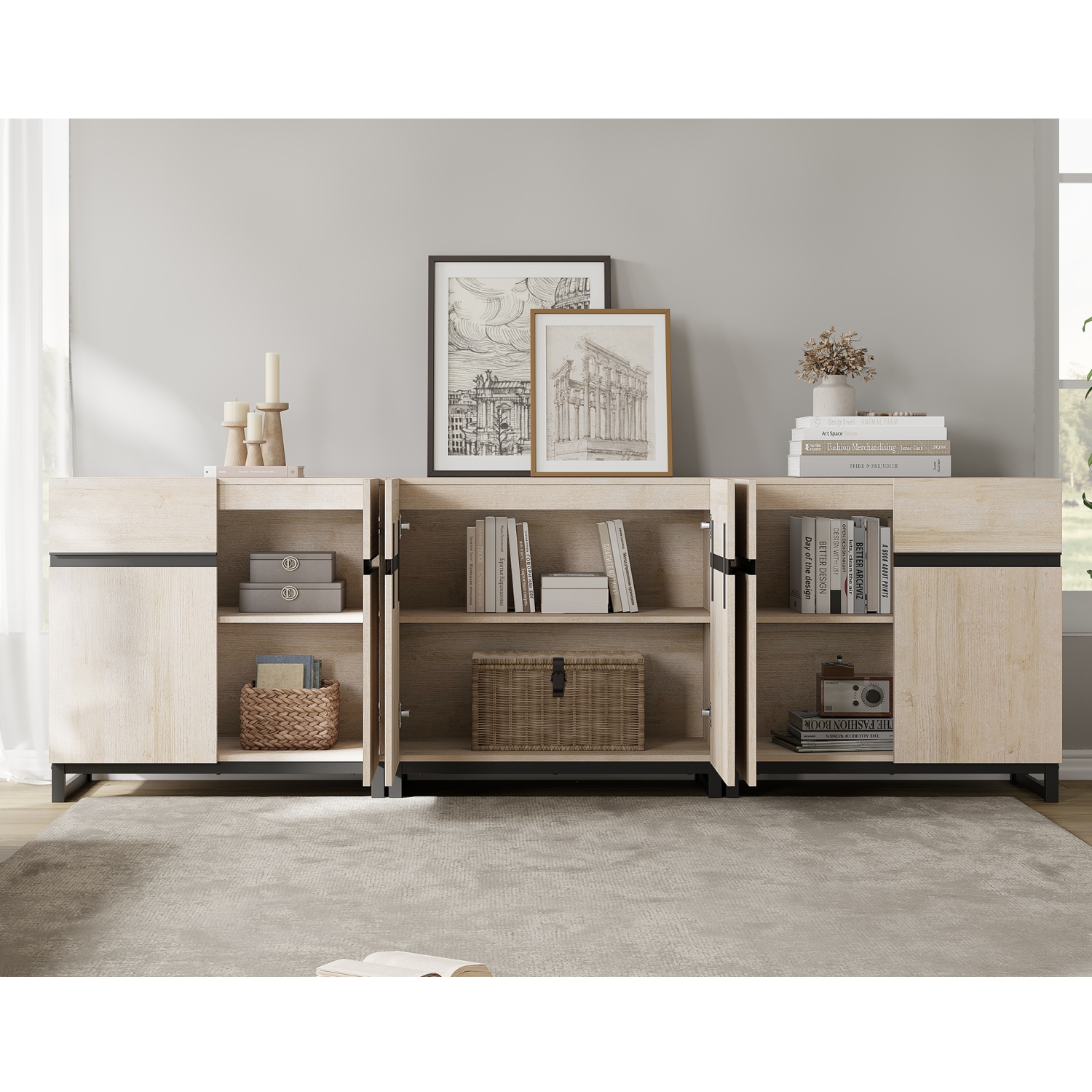 WAMPAT Modern TV Stand for TVs up to 100+ inch, 3 in 1 Entertainment Center with with Adjustable Shelf & Doors, 94.5" Media Console with Storage for