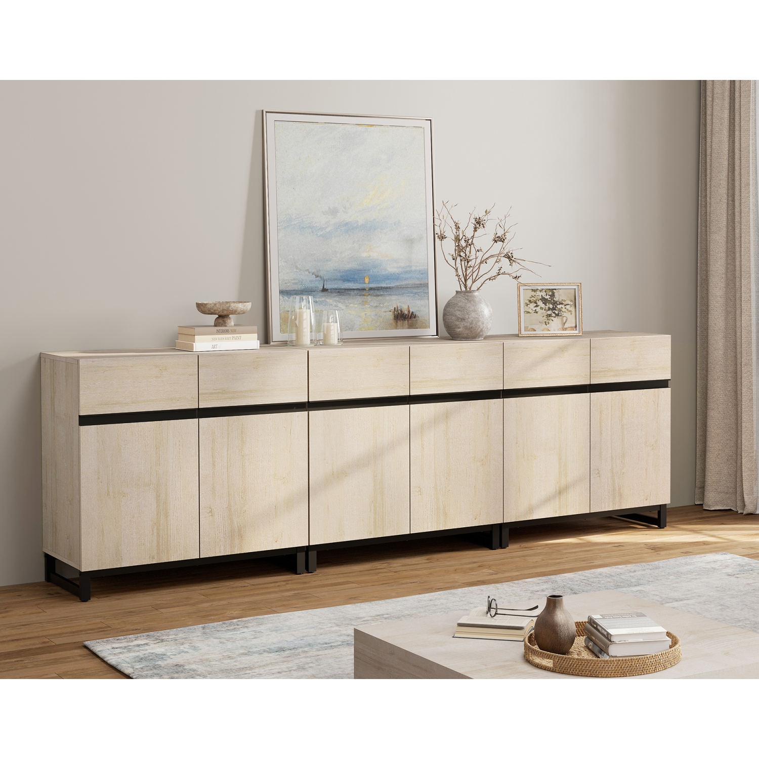 WAMPAT Modern TV Stand for TVs up to 100+ inch, 3 in 1 Entertainment Center with with Adjustable Shelf & Doors, 94.5" Media Console with Storage for