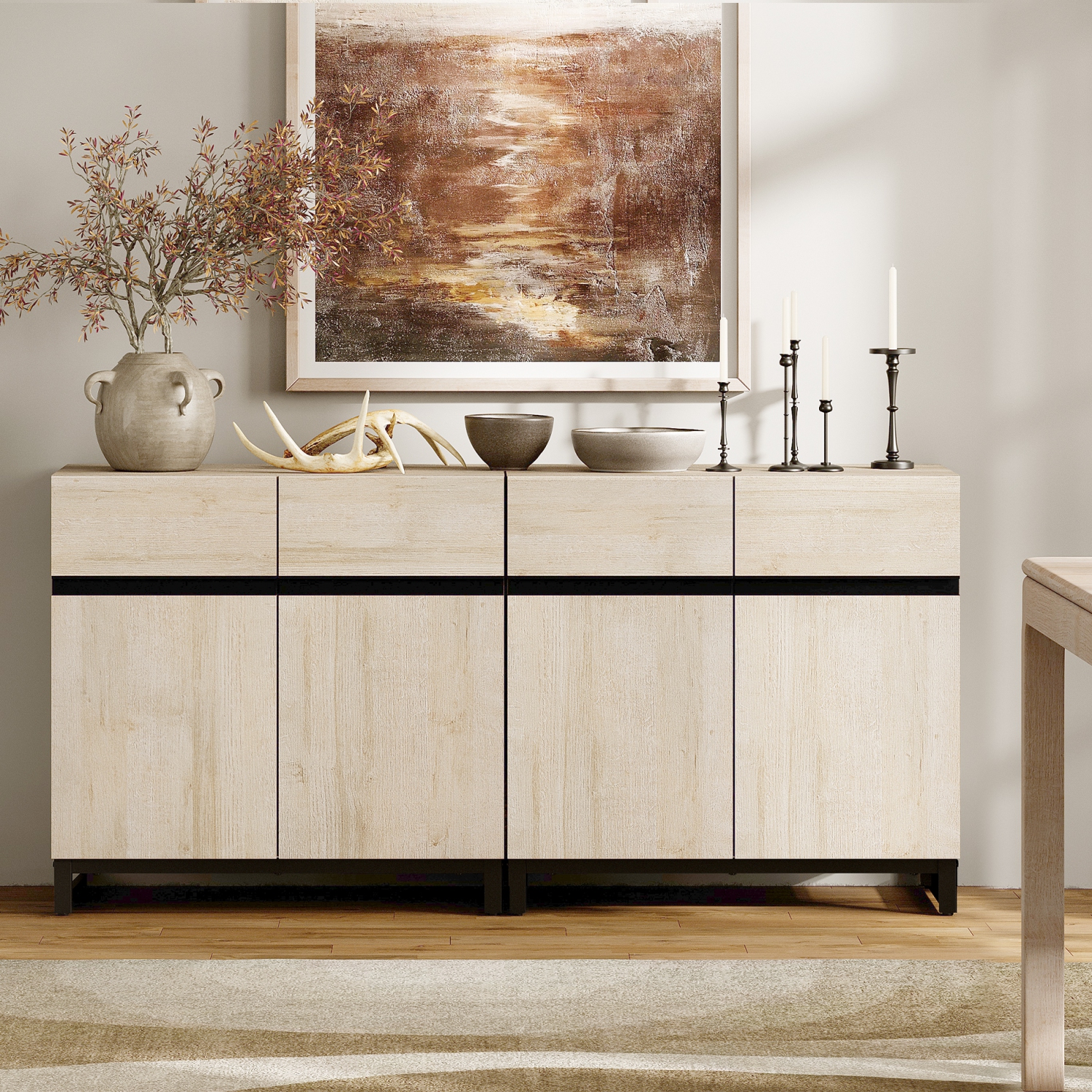 Buffet 2 en 1 WAMPAT, armoire de rangement de cuisine de 63&nbsp;po avec tablette et portes réglables, bahut d'armoire d'appoint moderne pour la