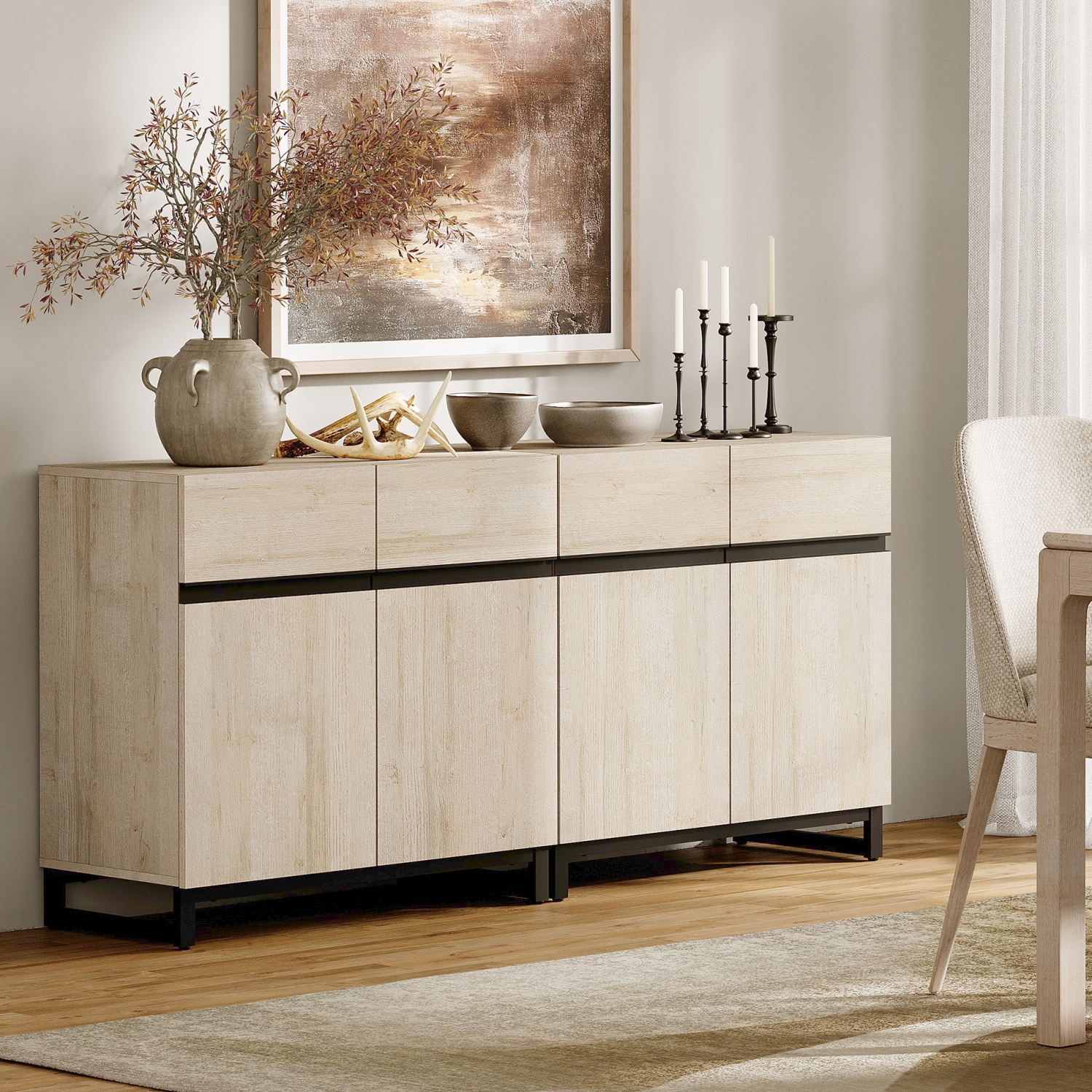 Buffet 2 en 1 WAMPAT, armoire de rangement de cuisine de 63&nbsp;po avec tablette et portes réglables, bahut d'armoire d'appoint moderne pour la