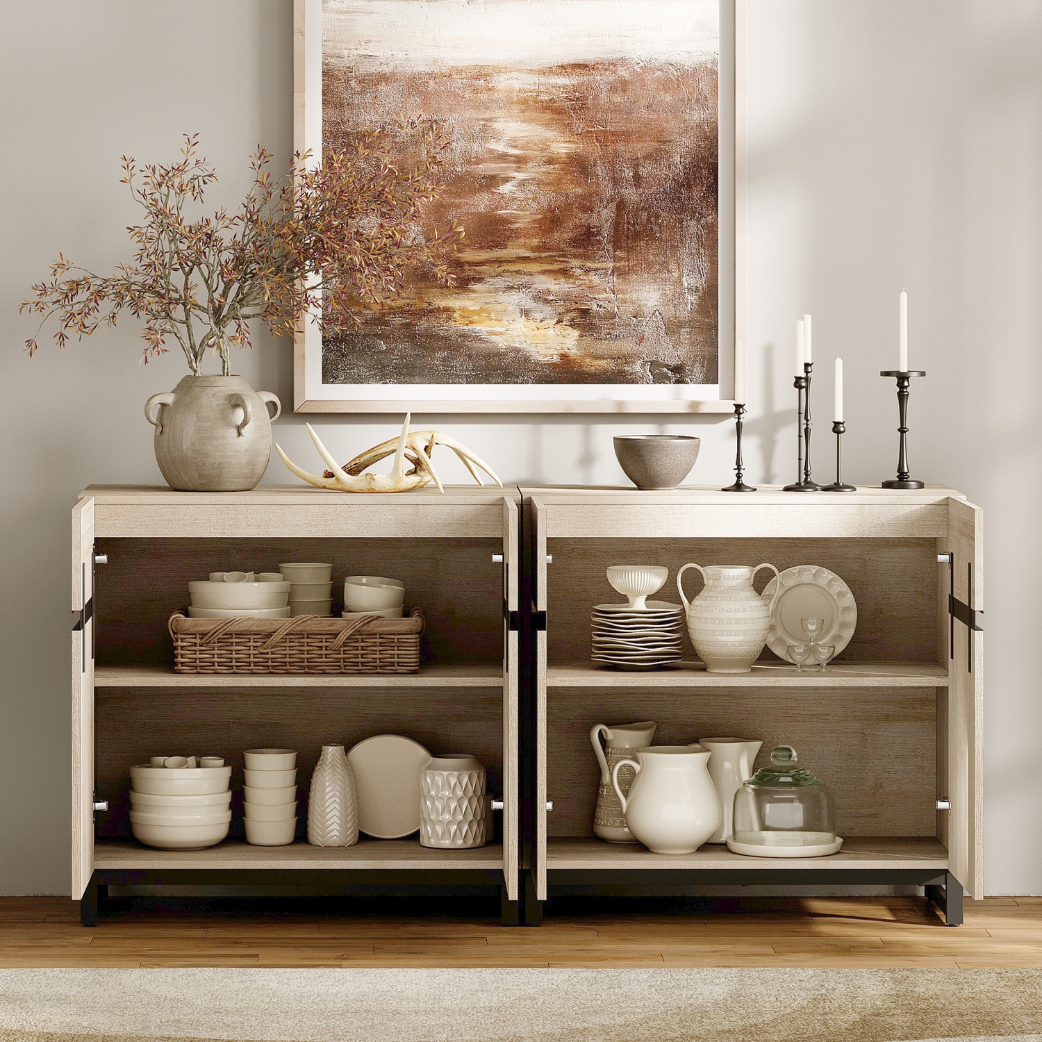 Buffet 2 en 1 WAMPAT, armoire de rangement de cuisine de 63&nbsp;po avec tablette et portes réglables, bahut d'armoire d'appoint moderne pour la