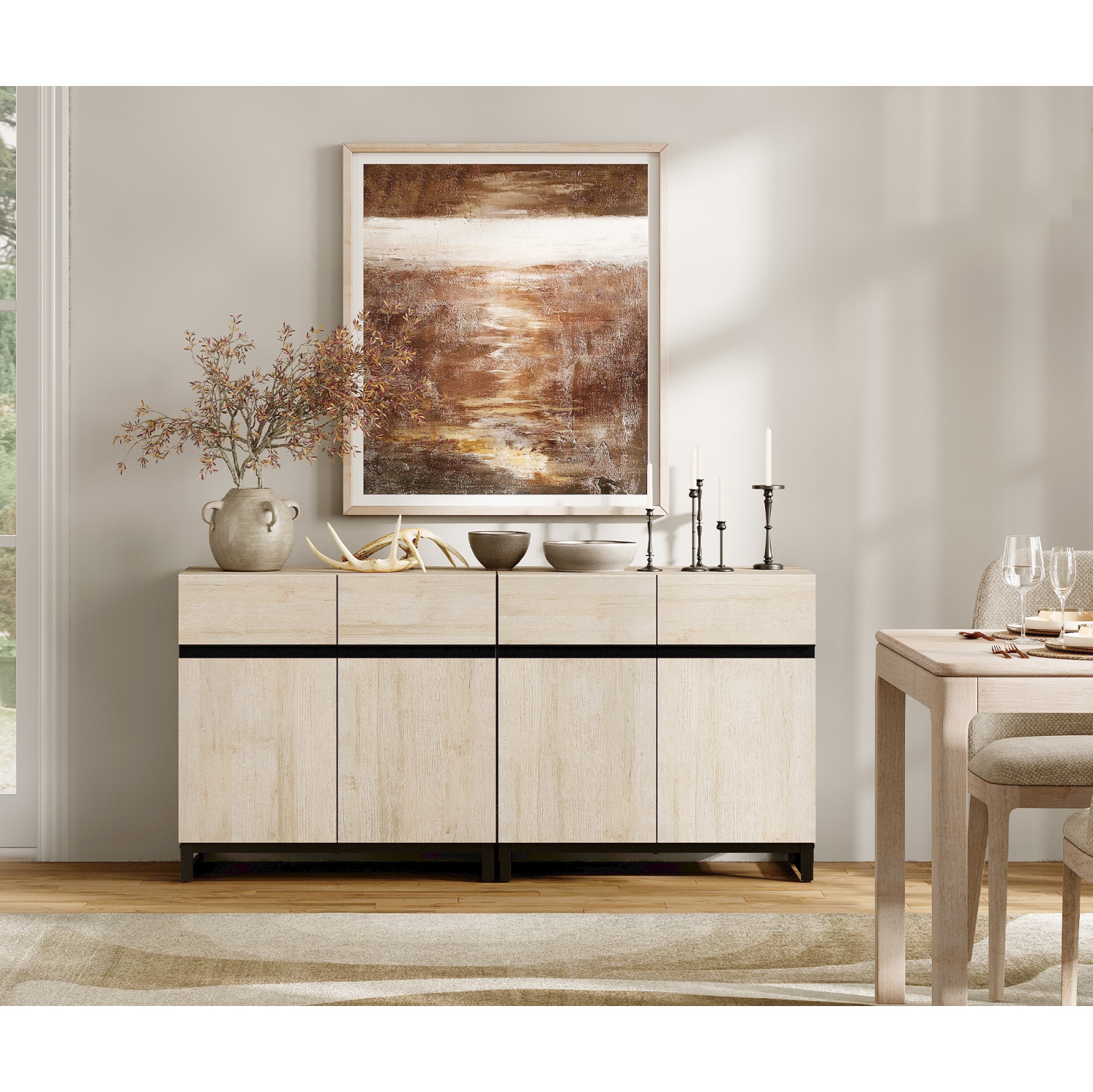 Buffet 2 en 1 WAMPAT, armoire de rangement de cuisine de 63&nbsp;po avec tablette et portes réglables, bahut d'armoire d'appoint moderne pour la
