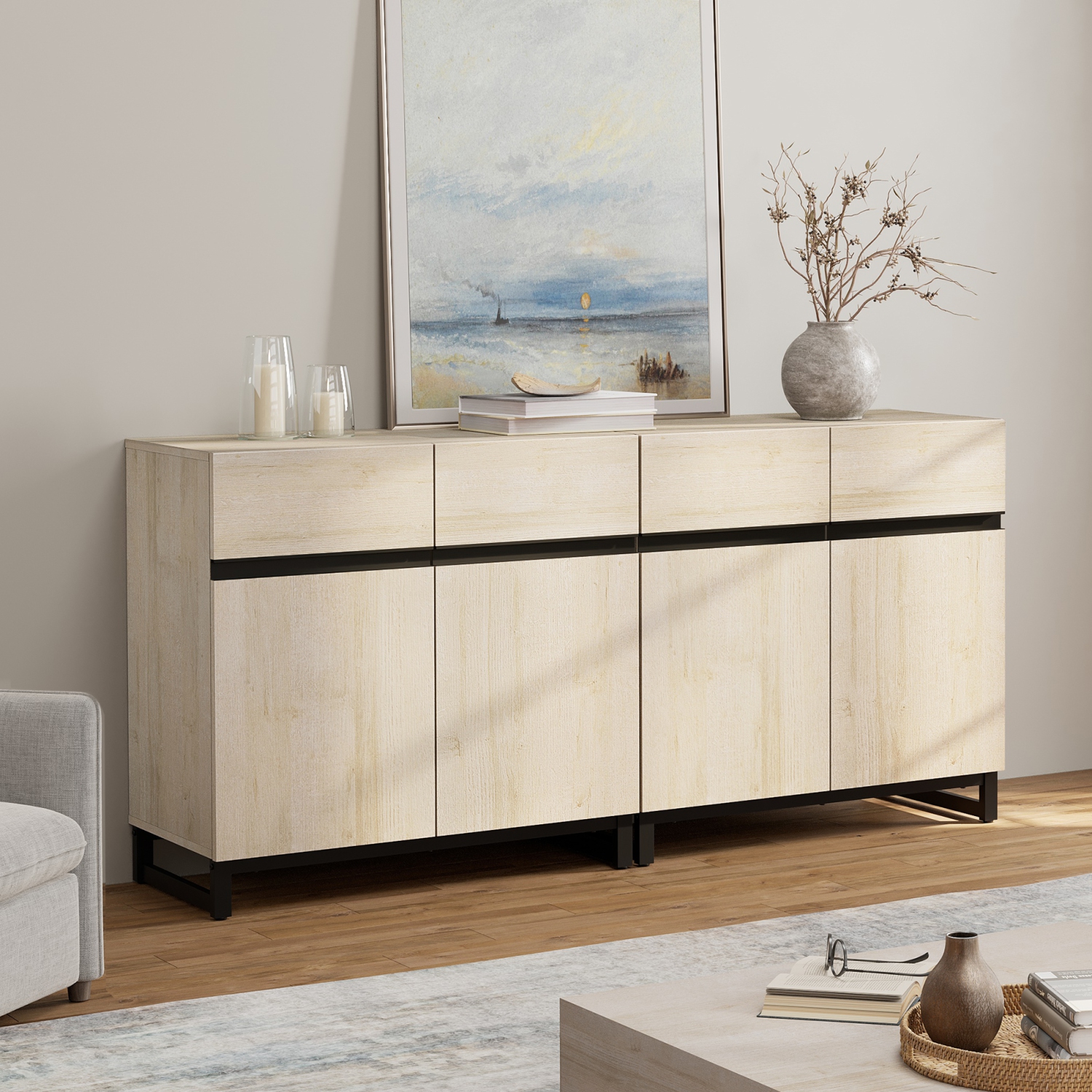 Buffet 2 en 1 WAMPAT, armoire de rangement de cuisine de 63&nbsp;po avec tablette et portes réglables, bahut d'armoire d'appoint moderne pour la