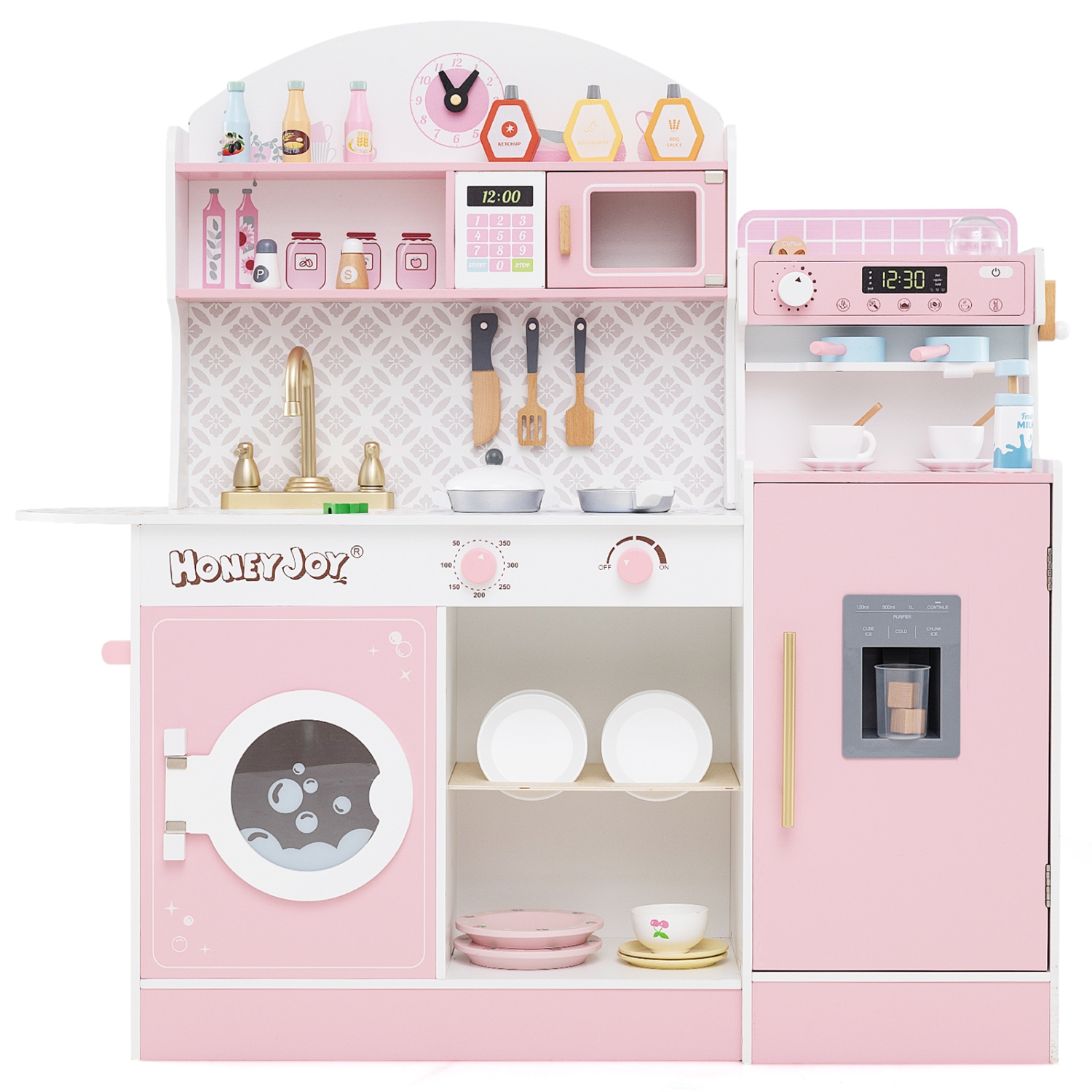 Ensemble de cuisine en bois Honeyjoy Kids avec horloge, four à micro-ondes, évier, support à vaisselle
