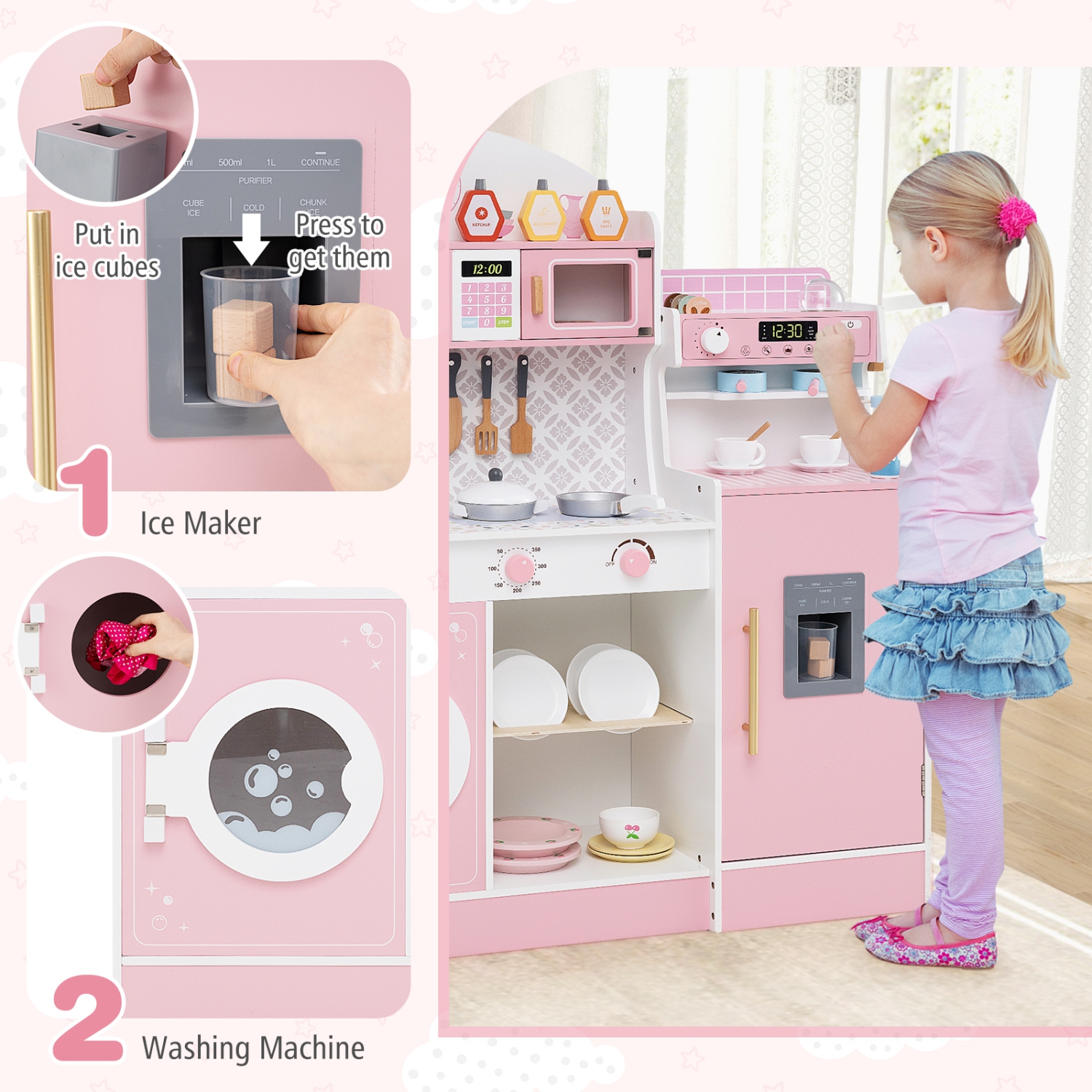 Ensemble de cuisine en bois Honeyjoy Kids avec horloge, four à micro-ondes, évier, support à vaisselle