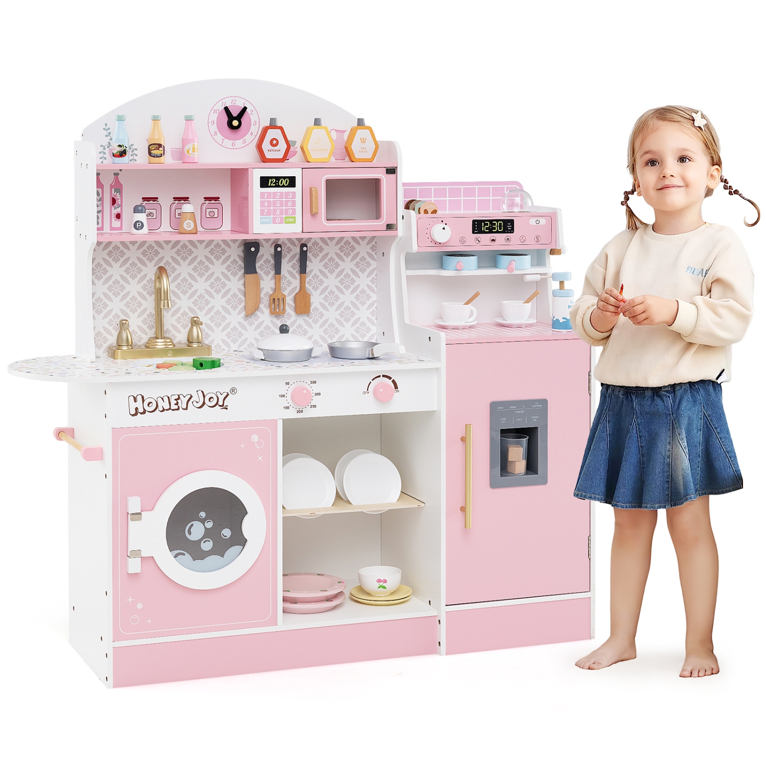Ensemble de cuisine en bois Honeyjoy Kids avec horloge, four à micro-ondes, évier, support à vaisselle