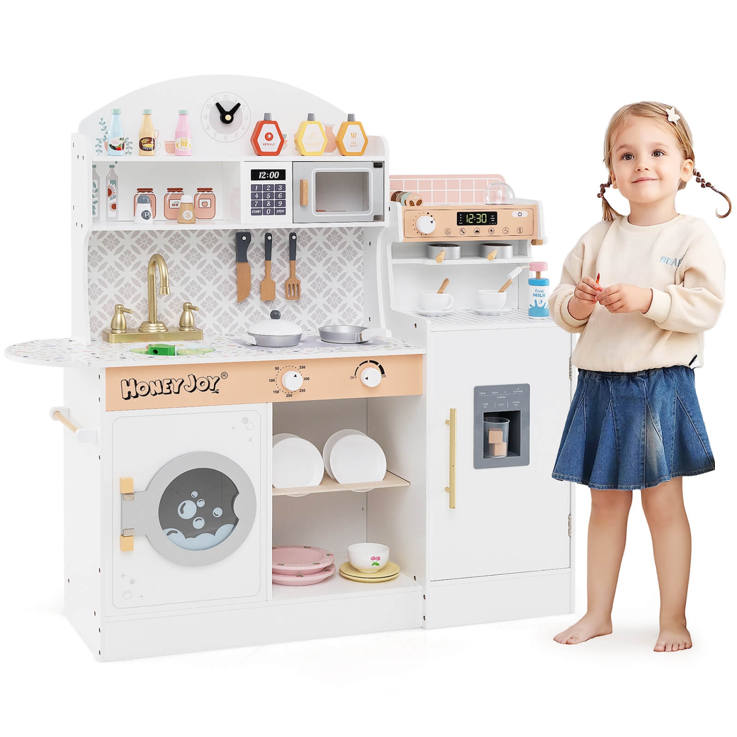Honeyjoy Kids Kitchen Set Wooden Kitchen Playset with Clock, Microwave, Sink, Dish Rack