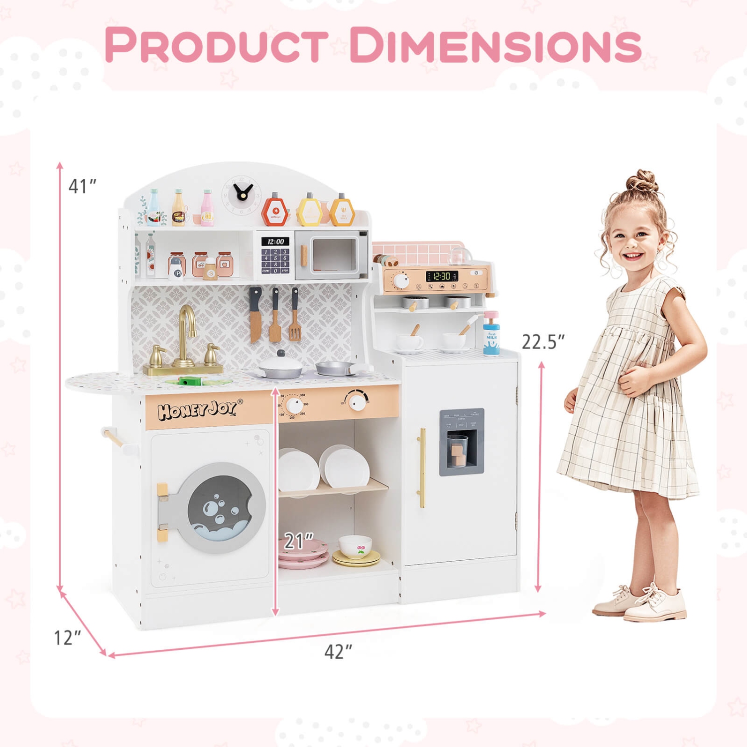 Honeyjoy Kids Kitchen Set Wooden Kitchen Playset with Clock, Microwave, Sink, Dish Rack
