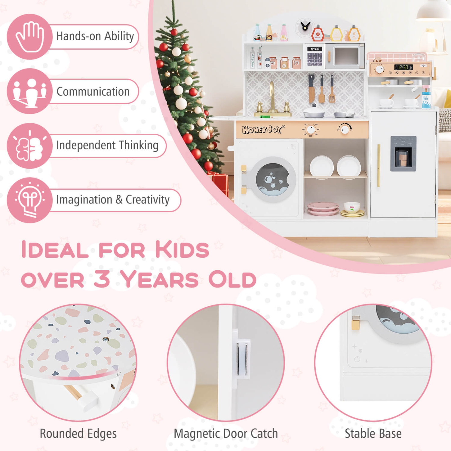 Honeyjoy Kids Kitchen Set Wooden Kitchen Playset with Clock, Microwave, Sink, Dish Rack