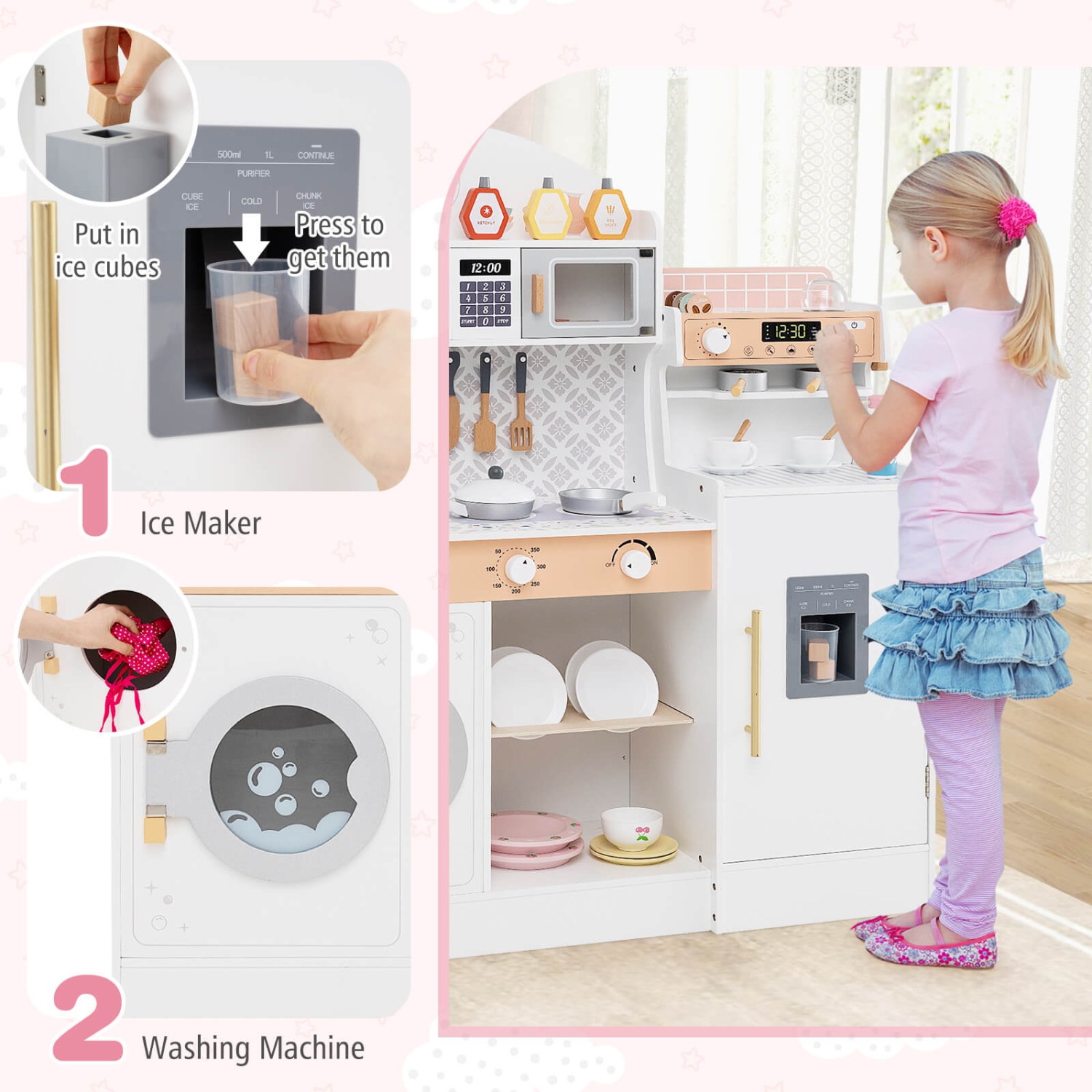 Honeyjoy Kids Kitchen Set Wooden Kitchen Playset with Clock, Microwave, Sink, Dish Rack