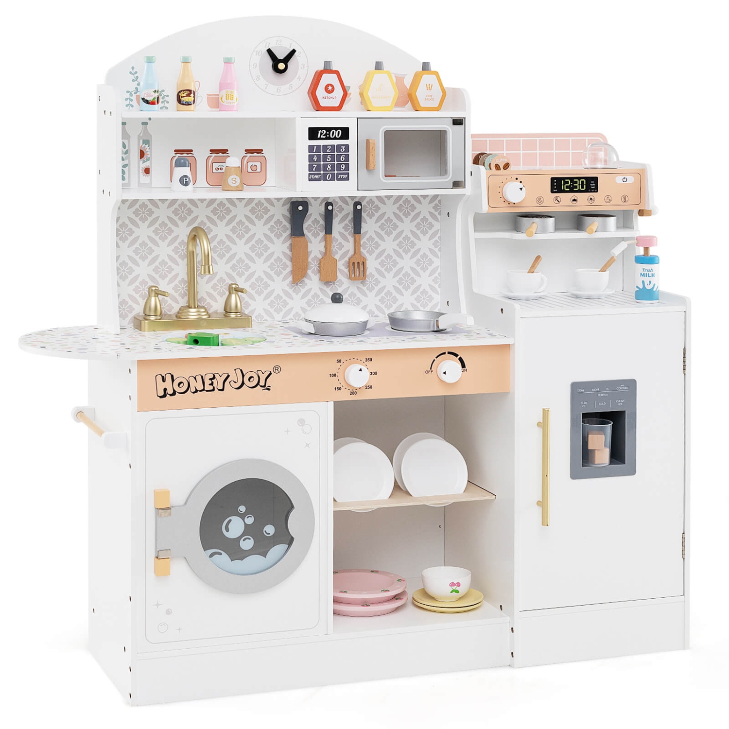 Honeyjoy Kids Kitchen Set Wooden Kitchen Playset with Clock, Microwave, Sink, Dish Rack
