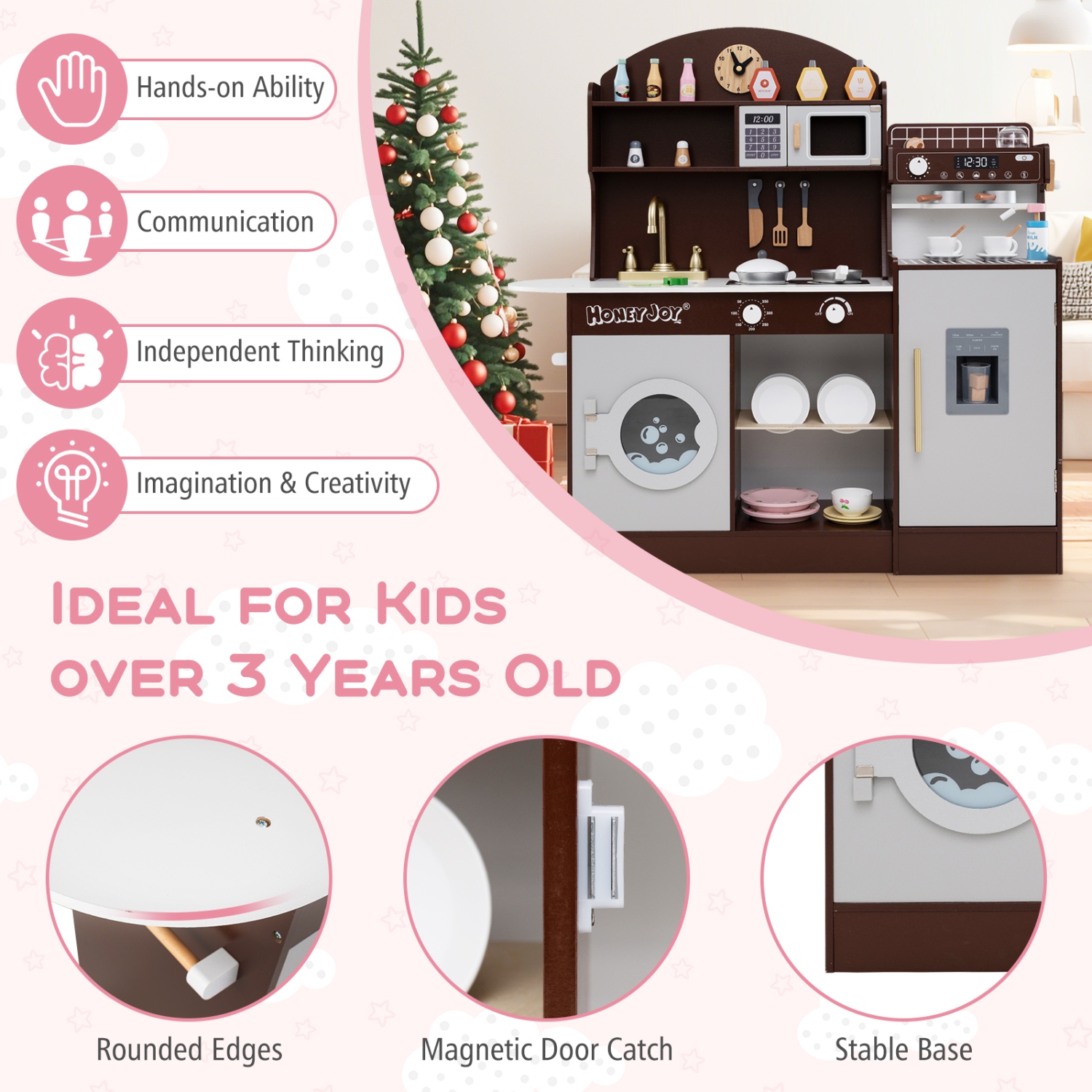 Ensemble de cuisine en bois Honeyjoy Kids avec horloge, four à micro-ondes, évier, support à vaisselle
