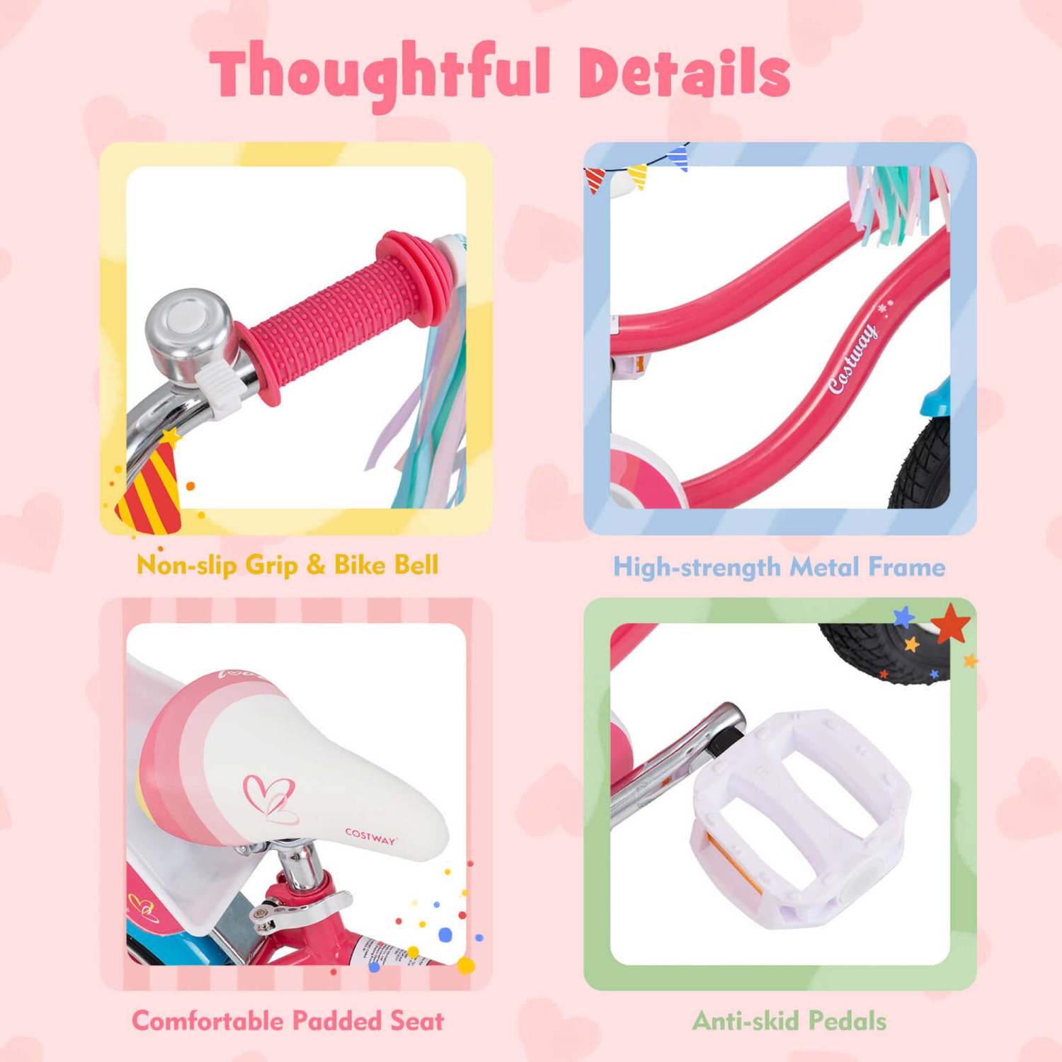 Vélo pour enfants de 14 po de Costway avec siège pour poupée et 2 roues d'entraînement colorées Streamers
