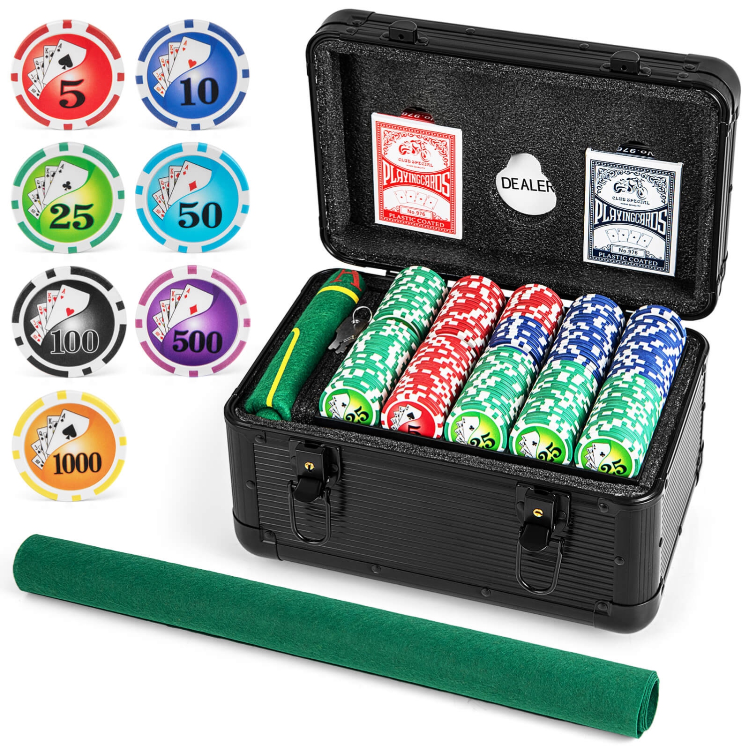 Ensemble de jetons de poker Texas Holdem de Costway avec 600 jetons, 2 paquets de cartes et un bouton de marchand