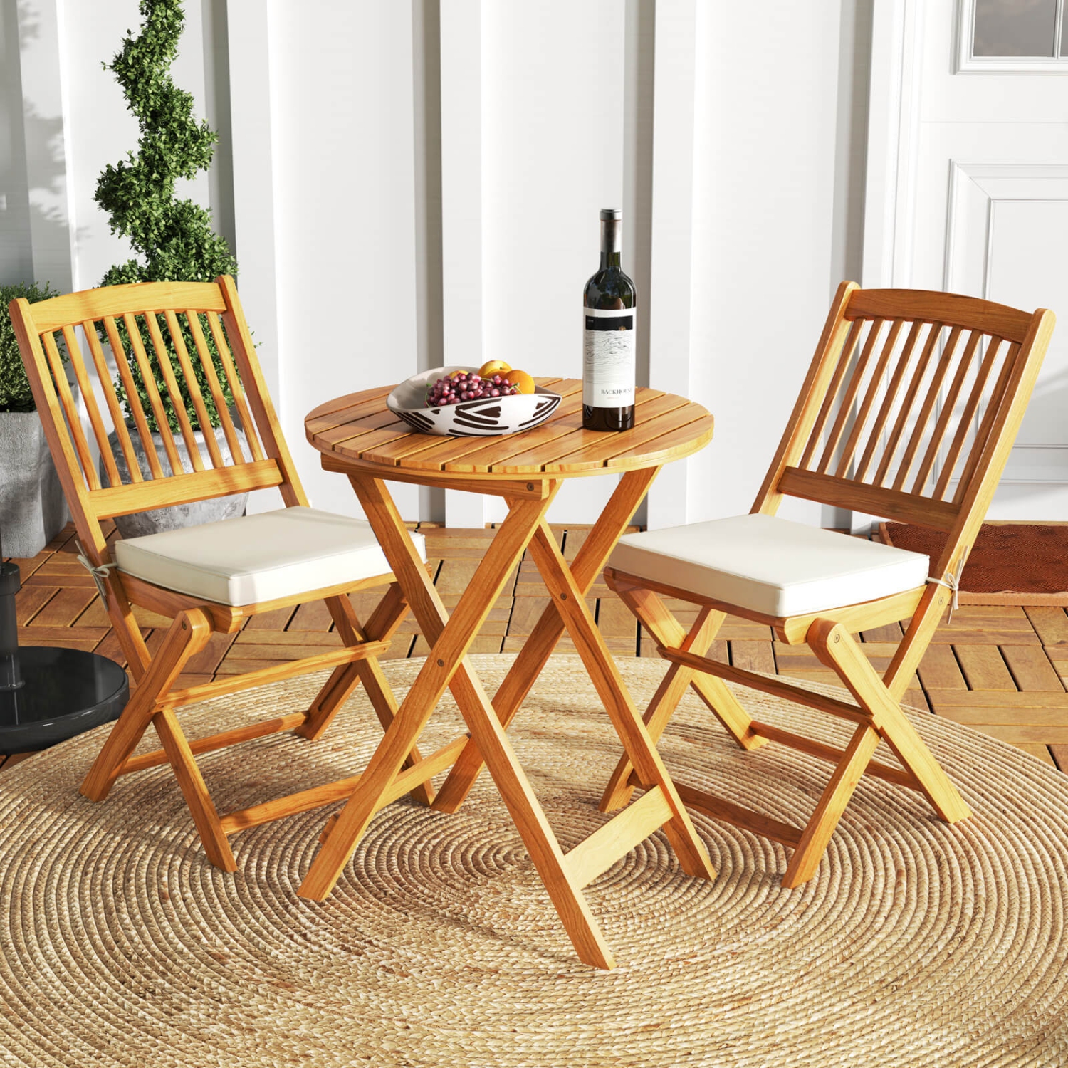 Costway 3 PCS Acacia Wood Patio Bistro Set Folding Table & Chairs Set with Cushions