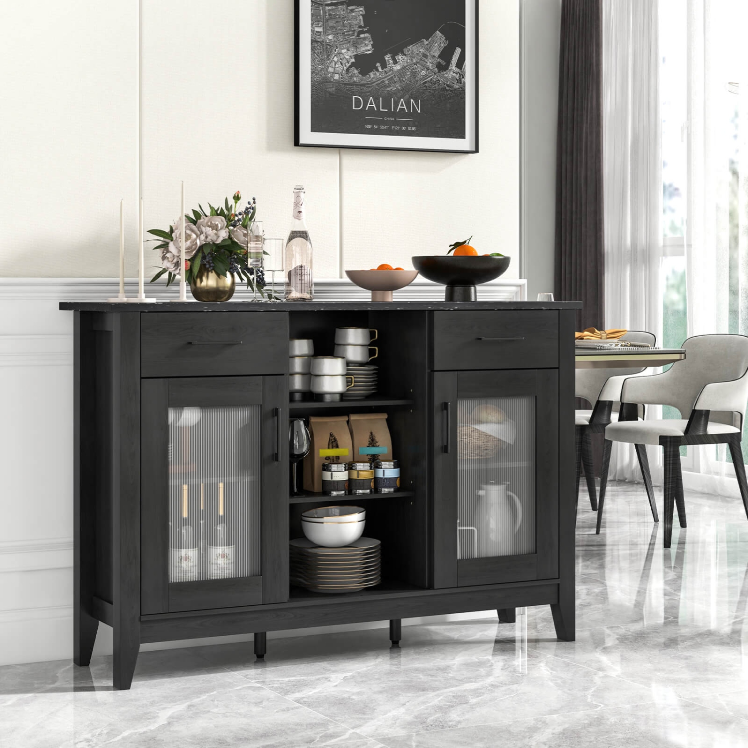 Costway Sideboard Buffet Cabinet with 2 Drawers 2 Doors 3 Open Compartments 4 Shelves