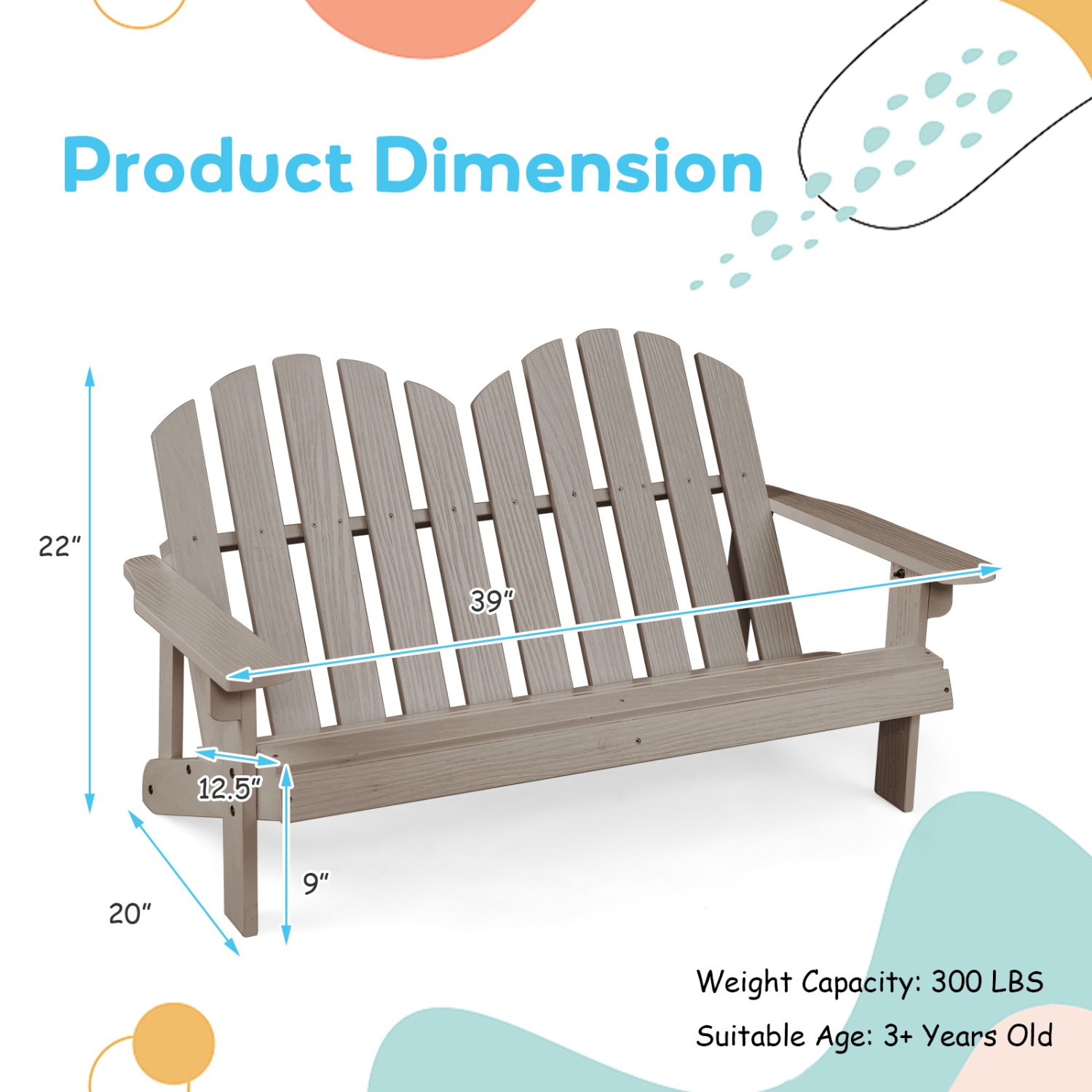 Fauteuil Adirondack pour 2&nbsp;personnes de Costway pour enfants en bois massif Causeuse avec accoudoirs pour patio