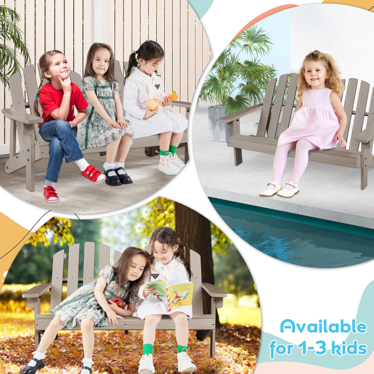 Fauteuil Adirondack pour 2&nbsp;personnes de Costway pour enfants en bois massif Causeuse avec accoudoirs pour patio