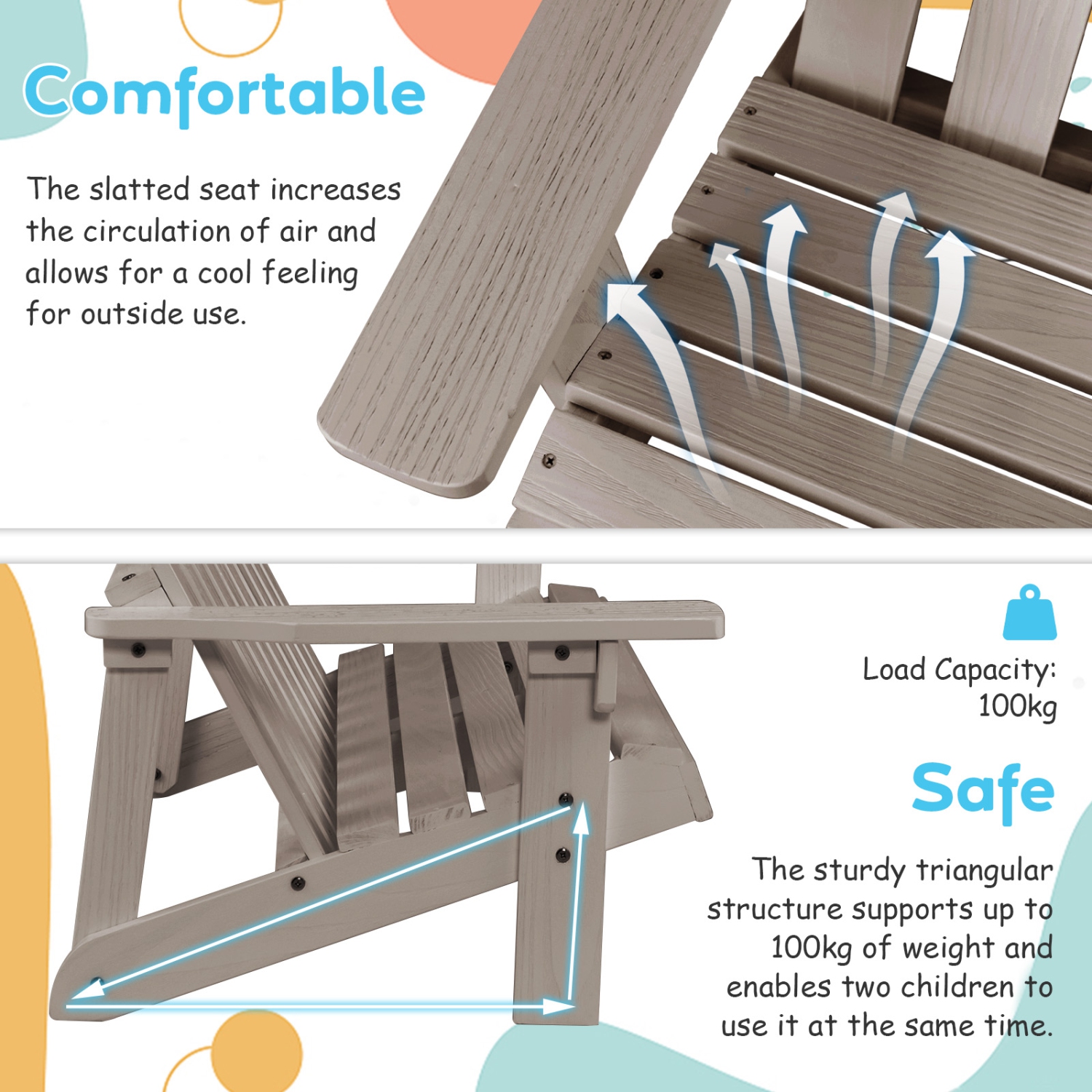 Fauteuil Adirondack pour 2&nbsp;personnes de Costway pour enfants en bois massif Causeuse avec accoudoirs pour patio