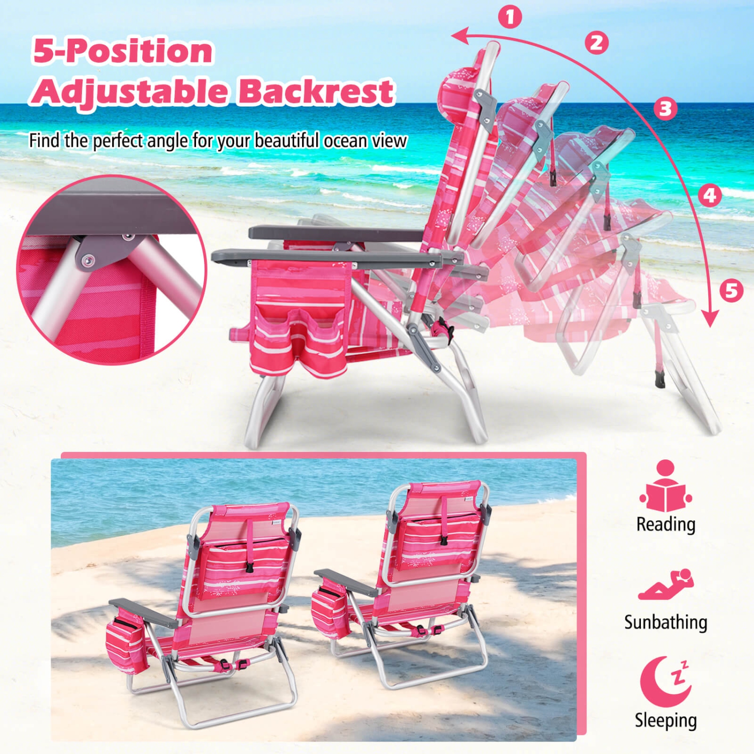 2-Pack Folding Backpack Beach Chair 5-Position Outdoor Reclining Chairs with Pillow