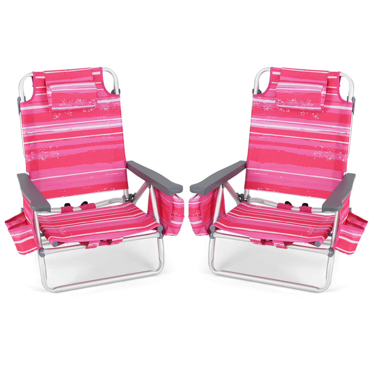 2-Pack Folding Backpack Beach Chair 5-Position Outdoor Reclining Chairs with Pillow