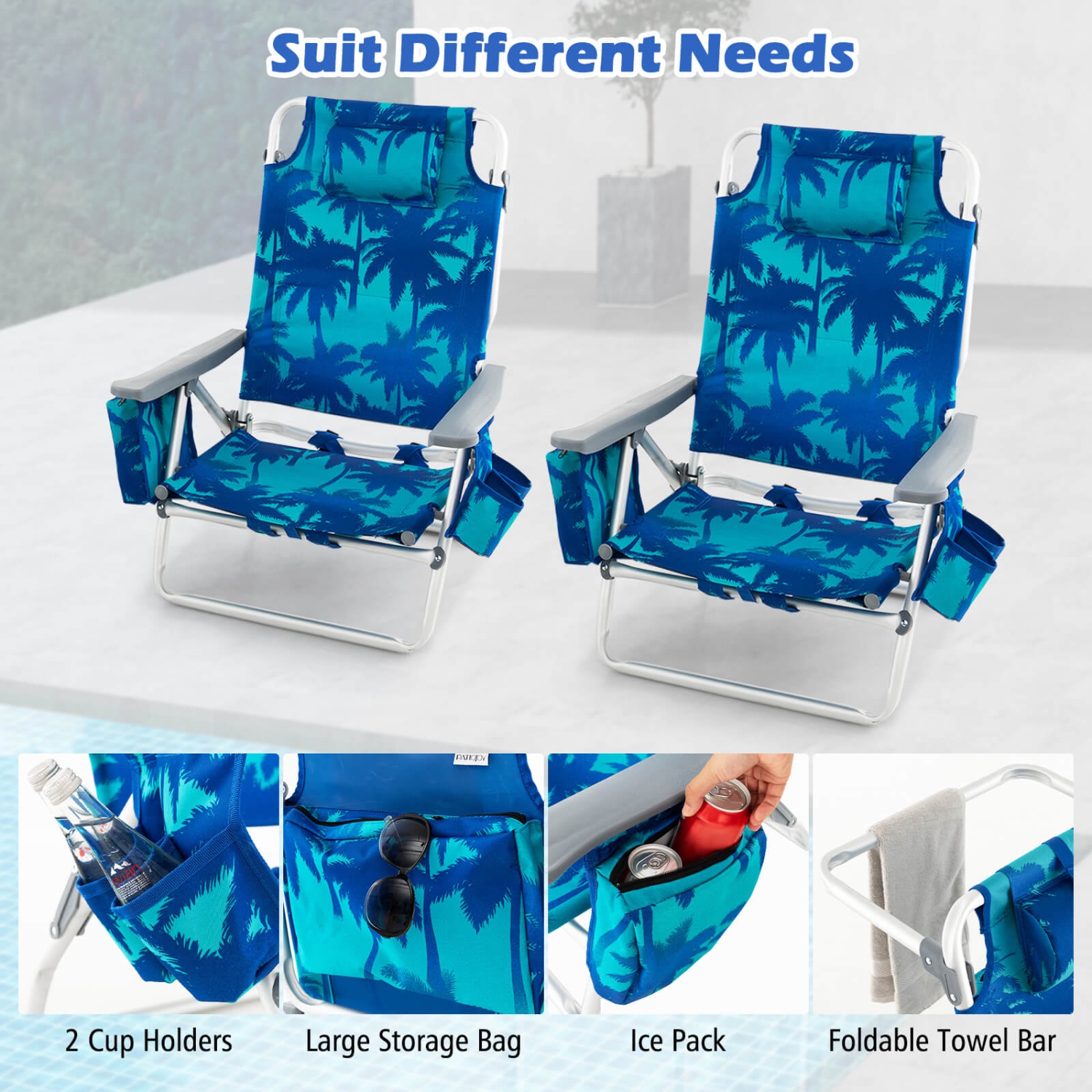 2-Pack Folding Backpack Beach Chair 5-Position Outdoor Reclining Chairs with Pillow