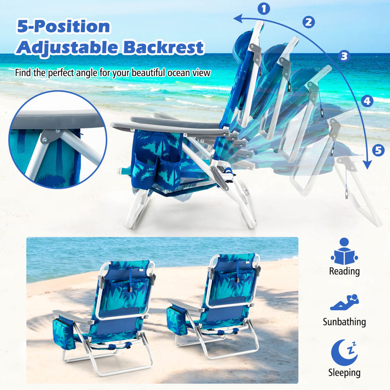 2-Pack Folding Backpack Beach Chair 5-Position Outdoor Reclining Chairs with Pillow