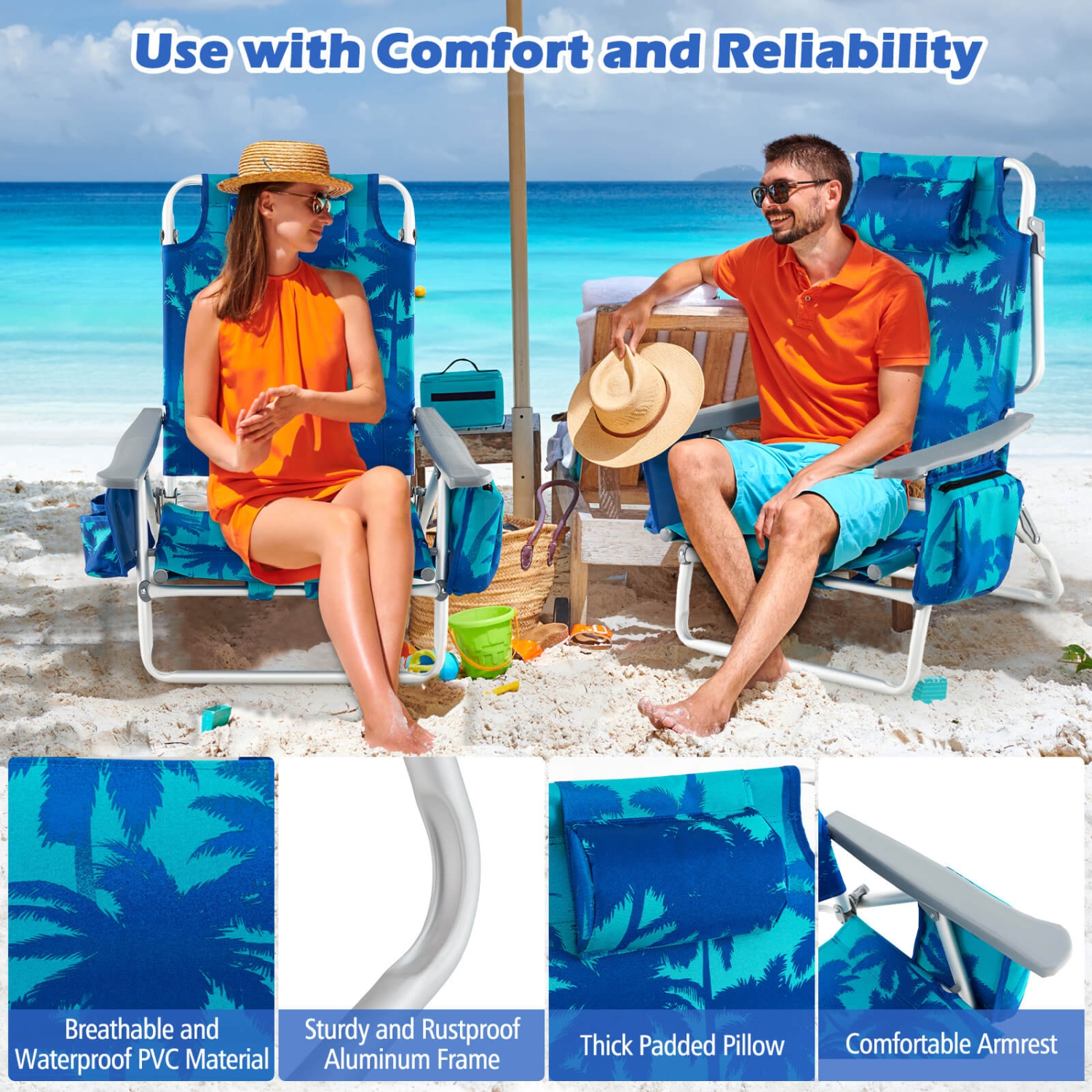 2-Pack Folding Backpack Beach Chair 5-Position Outdoor Reclining Chairs with Pillow