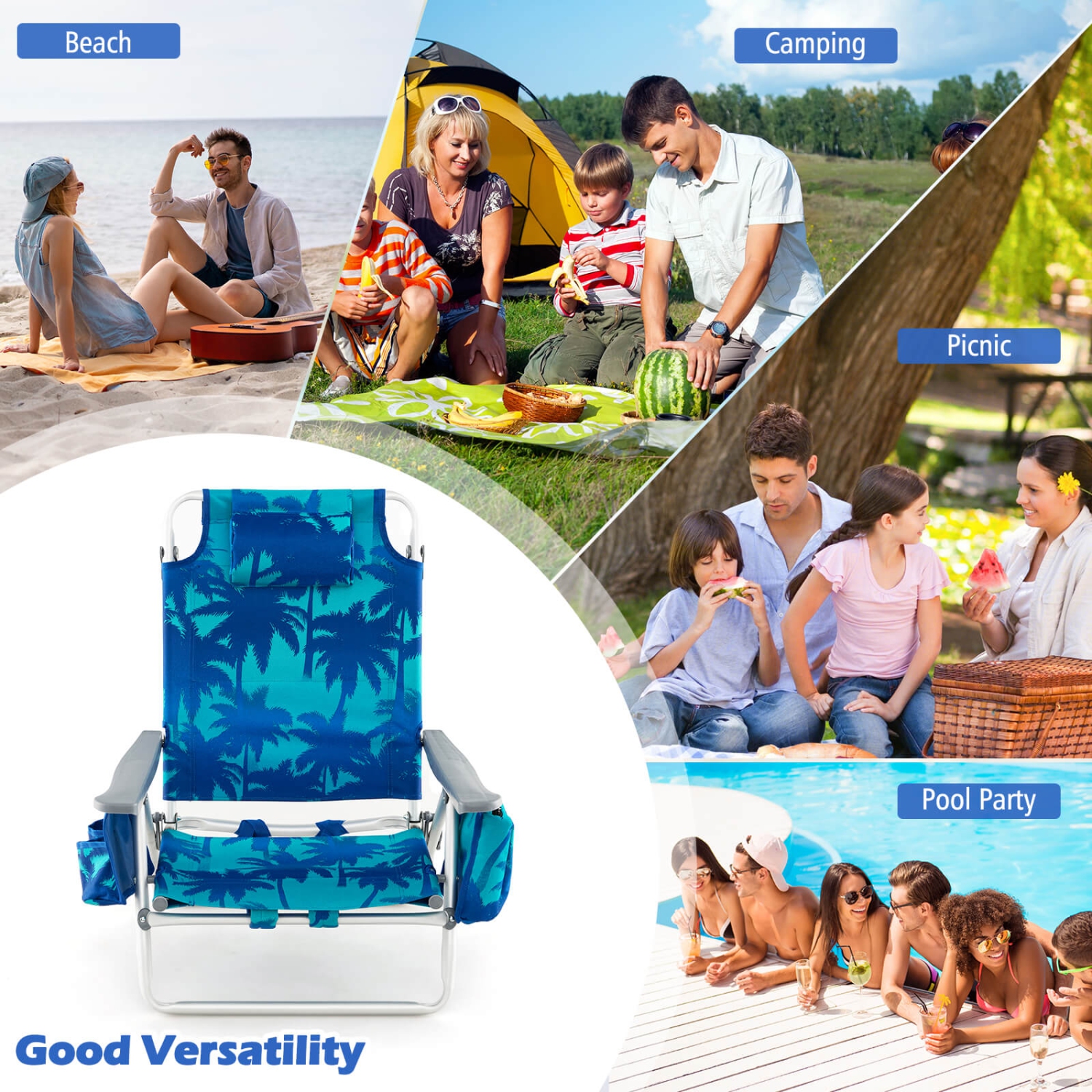 2-Pack Folding Backpack Beach Chair 5-Position Outdoor Reclining Chairs with Pillow