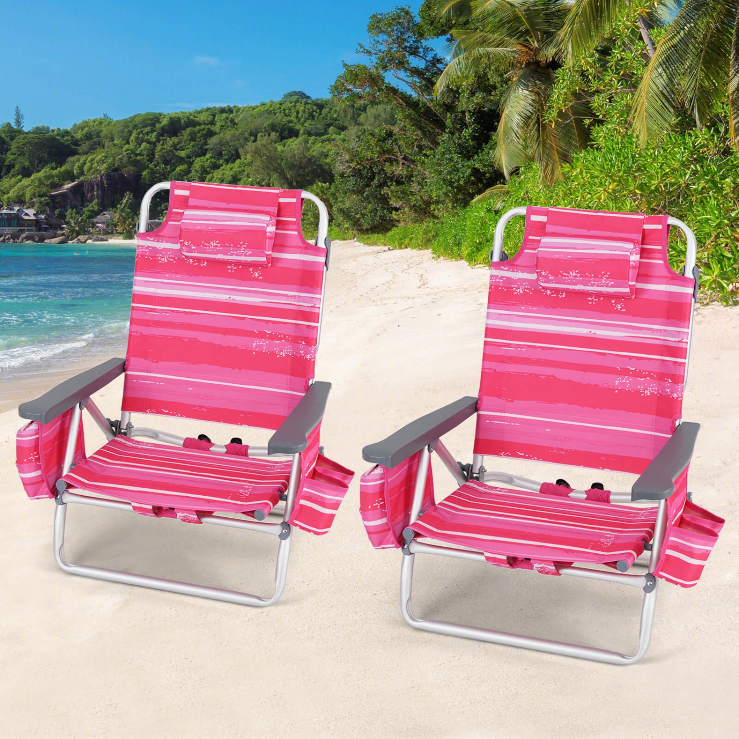 Costway 4-Pack Folding Backpack Beach Chair 5-Position Outdoor Reclining Chairs with Pillow