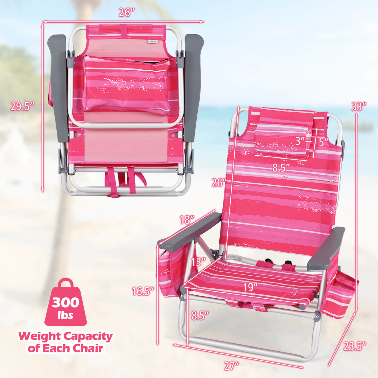 Costway 4-Pack Folding Backpack Beach Chair 5-Position Outdoor Reclining Chairs with Pillow