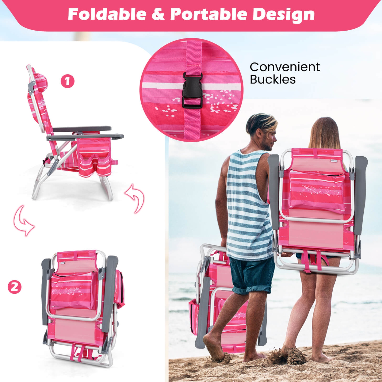 Costway 4-Pack Folding Backpack Beach Chair 5-Position Outdoor Reclining Chairs with Pillow