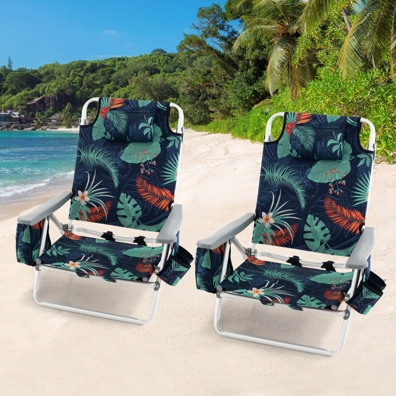 Costway 4-Pack Folding Backpack Beach Chair 5-Position Outdoor Reclining Chairs with Pillow