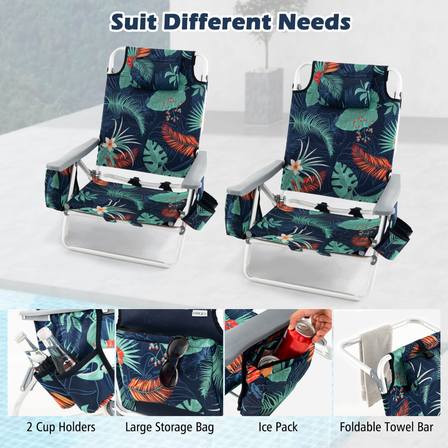 Costway 4-Pack Folding Backpack Beach Chair 5-Position Outdoor Reclining Chairs with Pillow