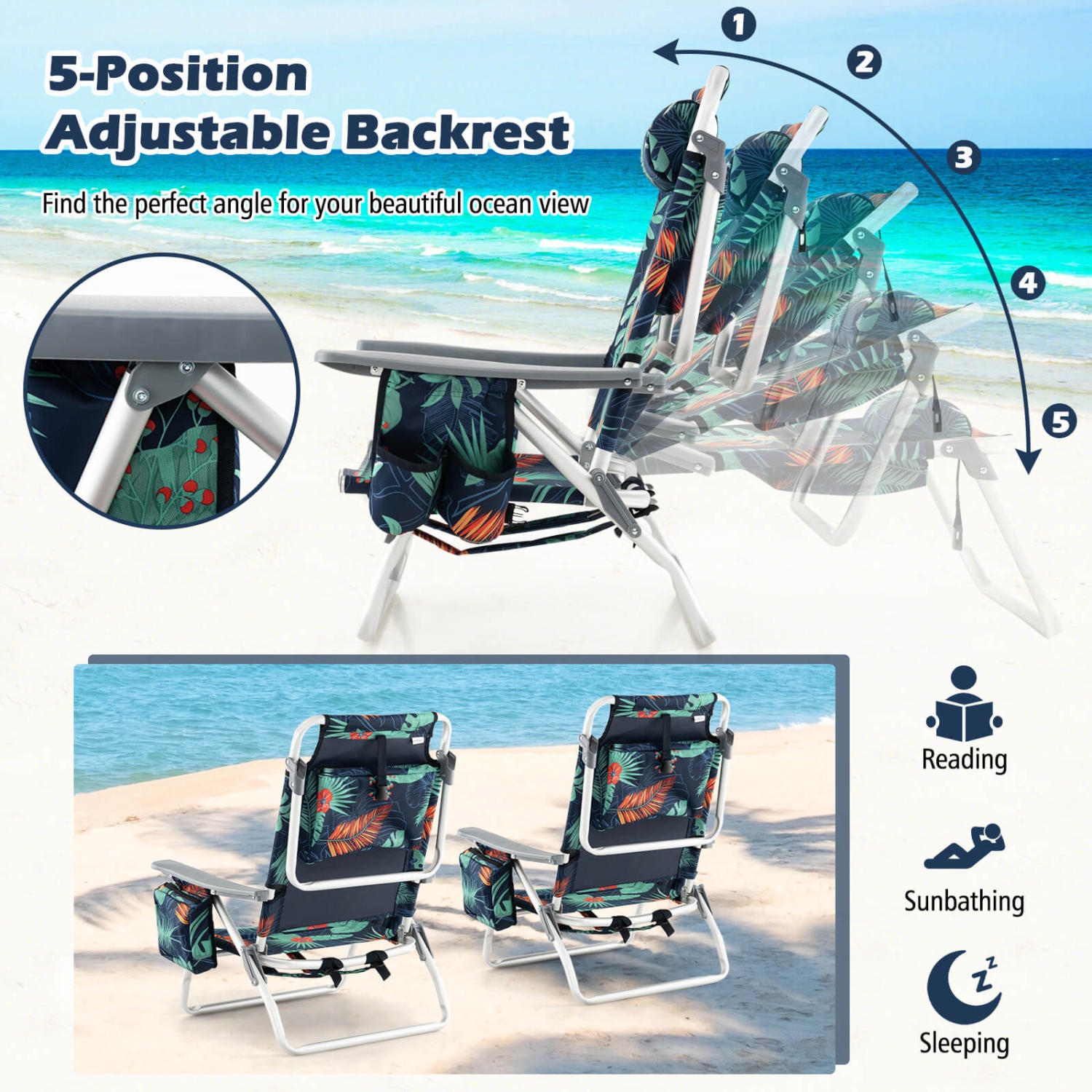 Costway 4-Pack Folding Backpack Beach Chair 5-Position Outdoor Reclining Chairs with Pillow