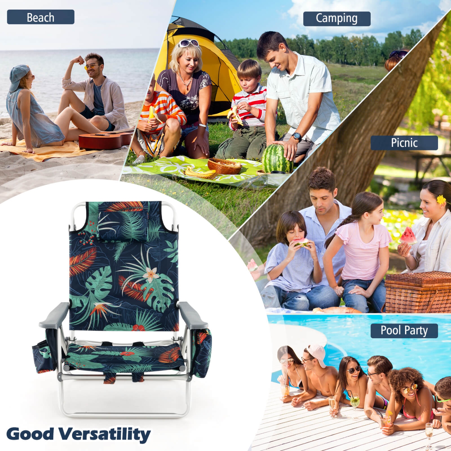 Costway 4-Pack Folding Backpack Beach Chair 5-Position Outdoor Reclining Chairs with Pillow