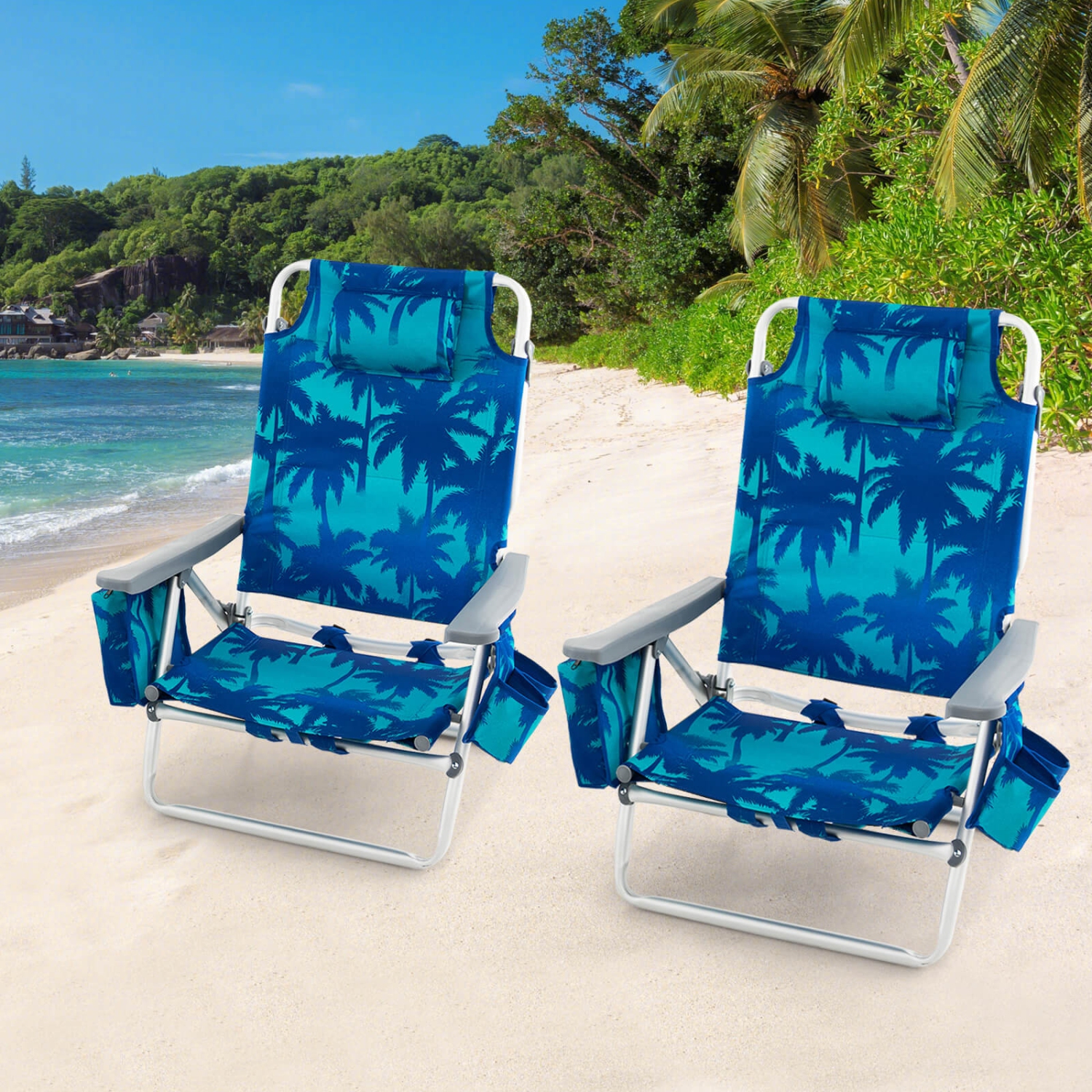 Costway 4-Pack Folding Backpack Beach Chair 5-Position Outdoor Reclining Chairs with Pillow