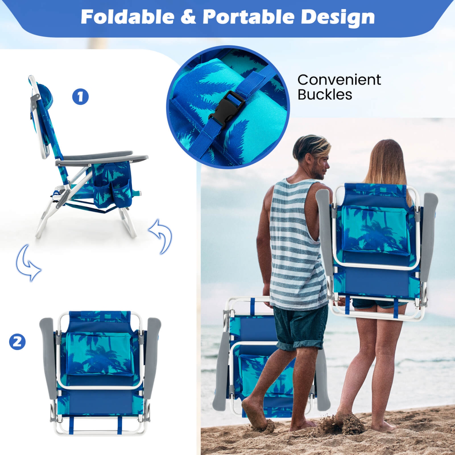 Costway 4-Pack Folding Backpack Beach Chair 5-Position Outdoor Reclining Chairs with Pillow