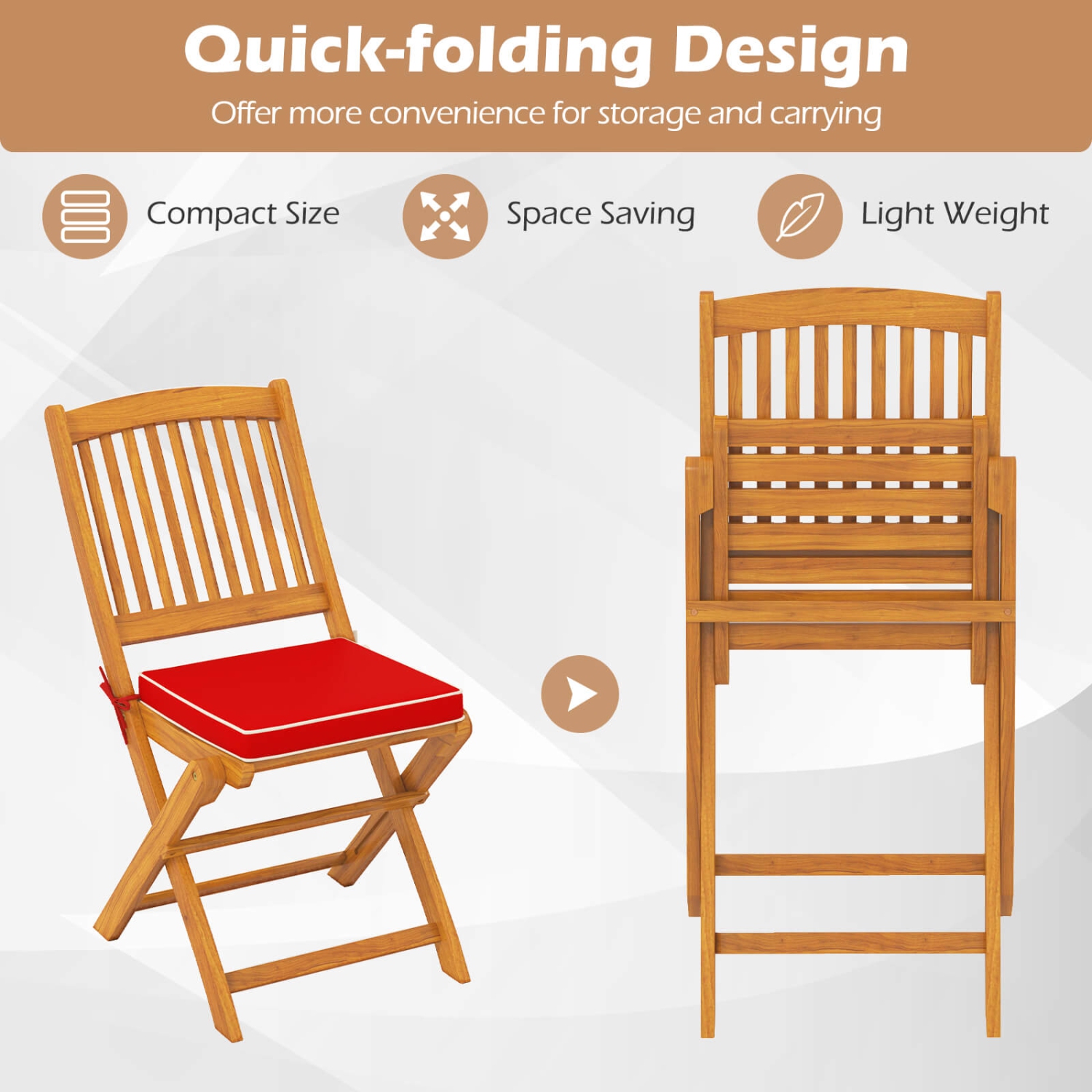 Costway Outdoor Folding Chairs Set of 4 Acacia Wood High-Back Chair with Seat Cushions