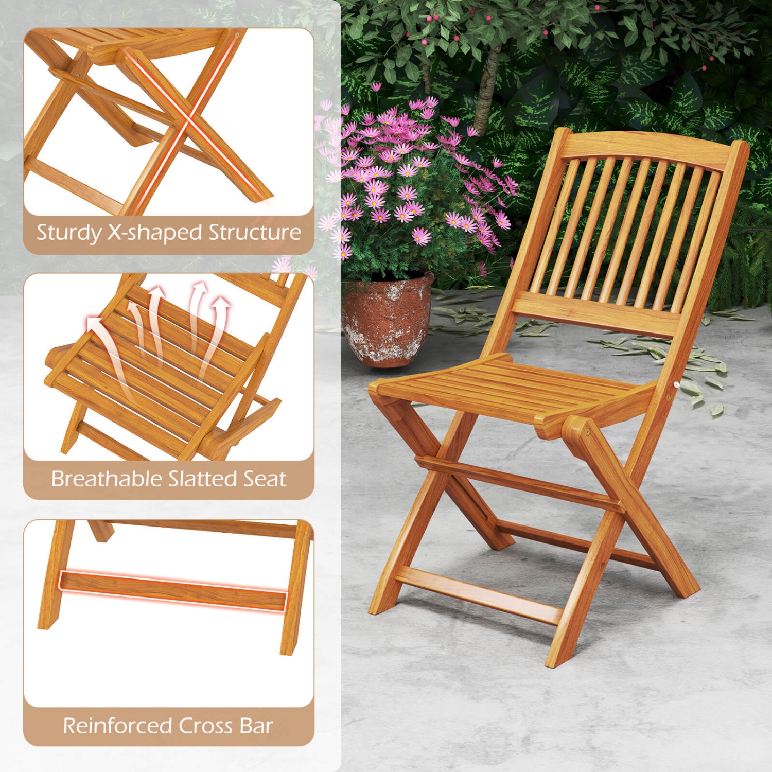 Costway Outdoor Folding Chairs Set of 4 Acacia Wood High-Back Chair with Seat Cushions