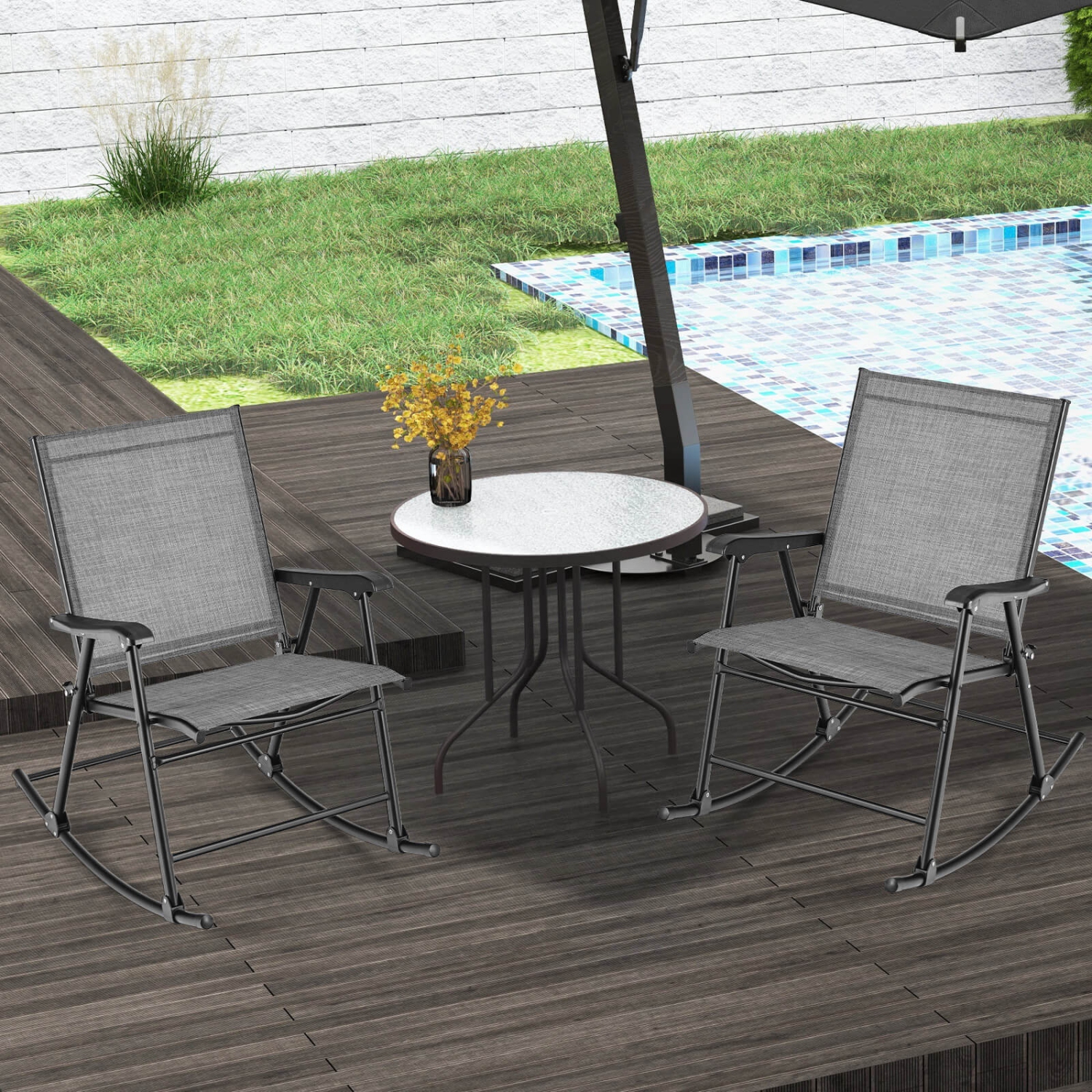Chaise berçante pliante de patio 2 PCS de Costway – Chaise berçante robuste avec cadre en métal, extérieur