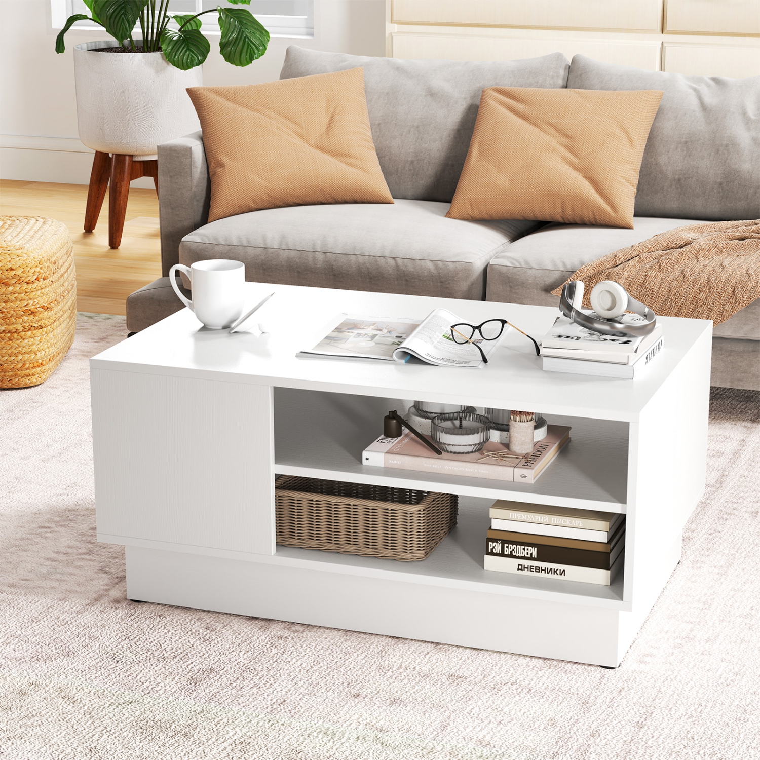 Table basse rectangulaire de 34 po de Costway avec 2 tablettes de rangement ouvertes