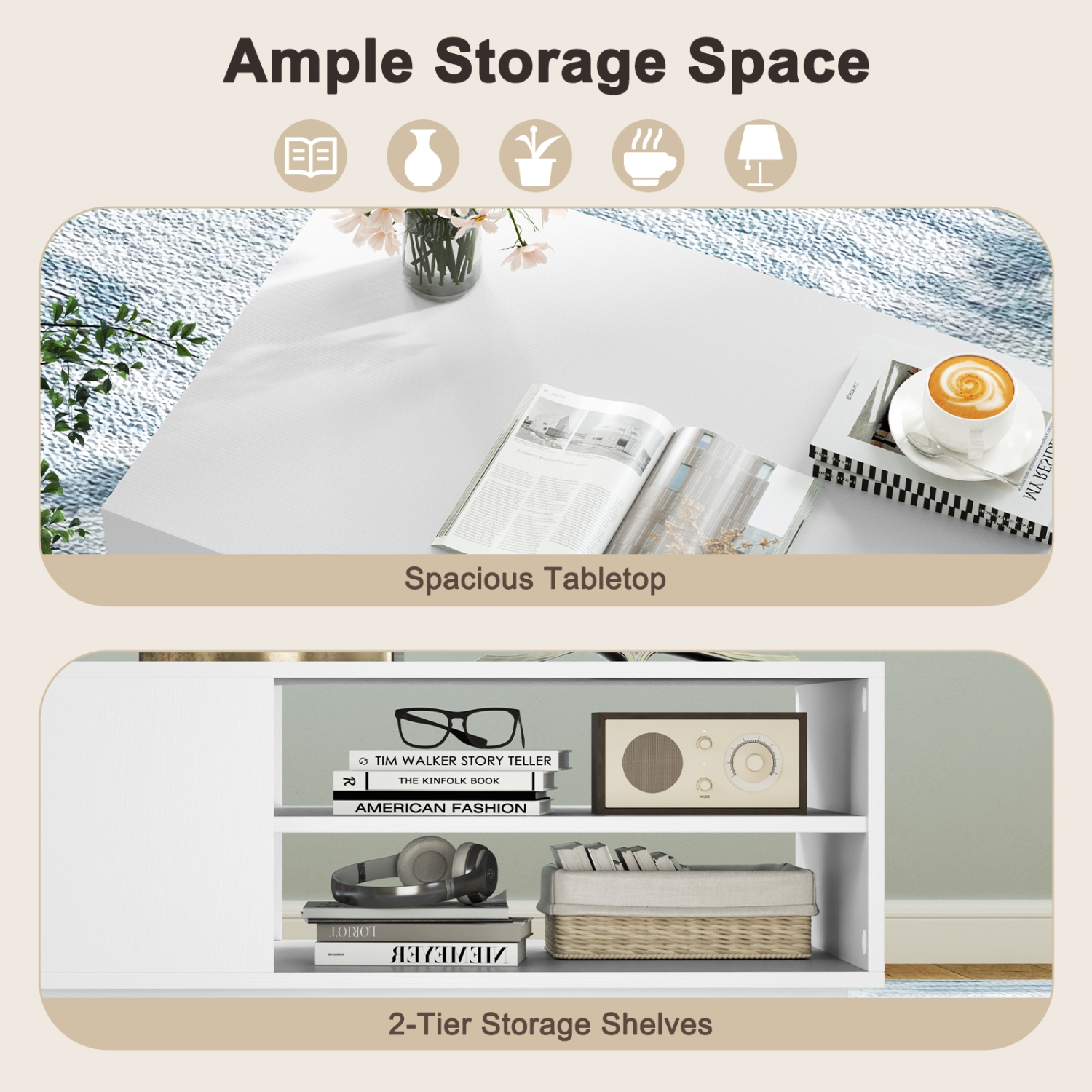 Table basse rectangulaire de 34 po de Costway avec 2 tablettes de rangement ouvertes