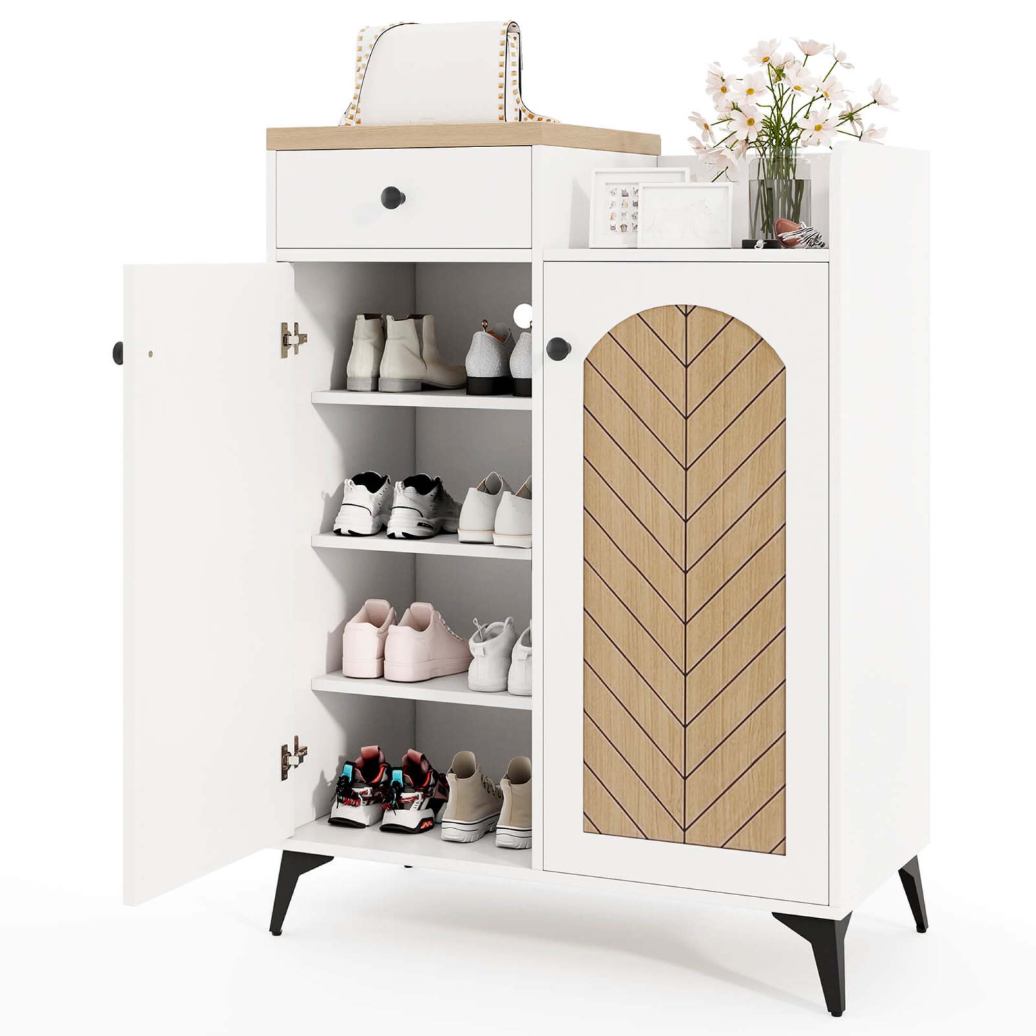Costway 6-Tier Shoe Cabinet with Drawer 6 Removable Shelves Ventilation Openings Metal Legs