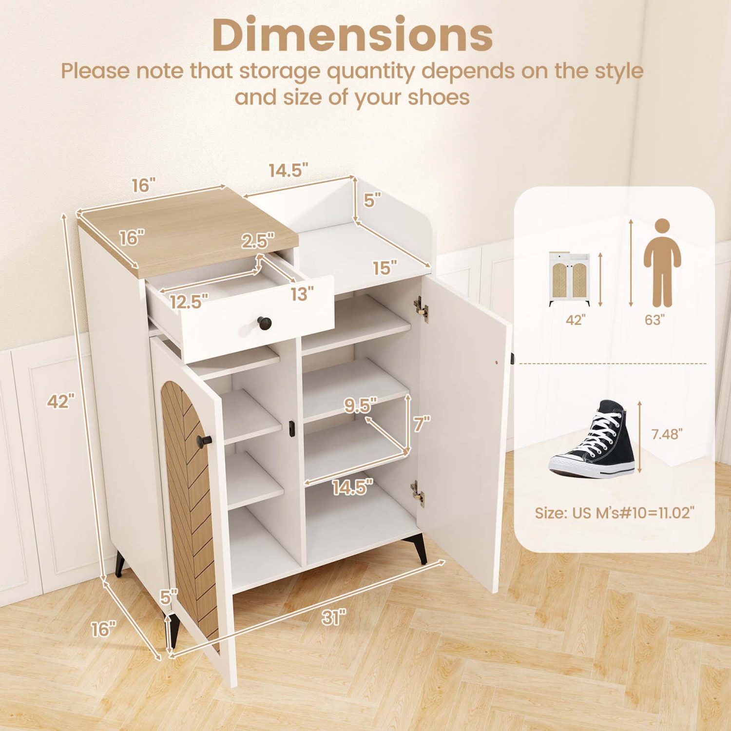 Costway 6-Tier Shoe Cabinet with Drawer 6 Removable Shelves Ventilation Openings Metal Legs