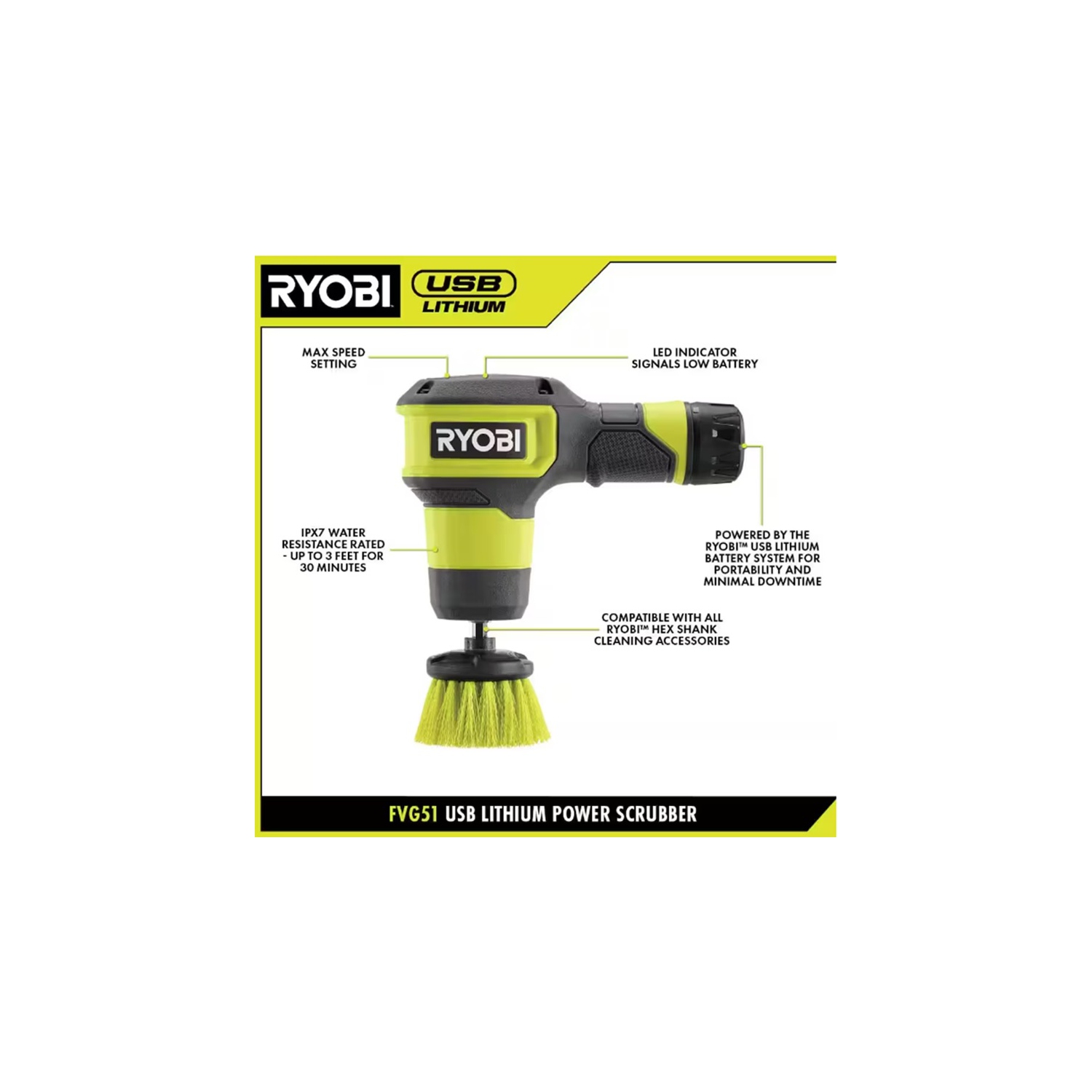 Trousse de nettoyage compacte USB au lithium de RYOBI avec batterie 2,0 Ah, cordon de recharge et brosse à poils