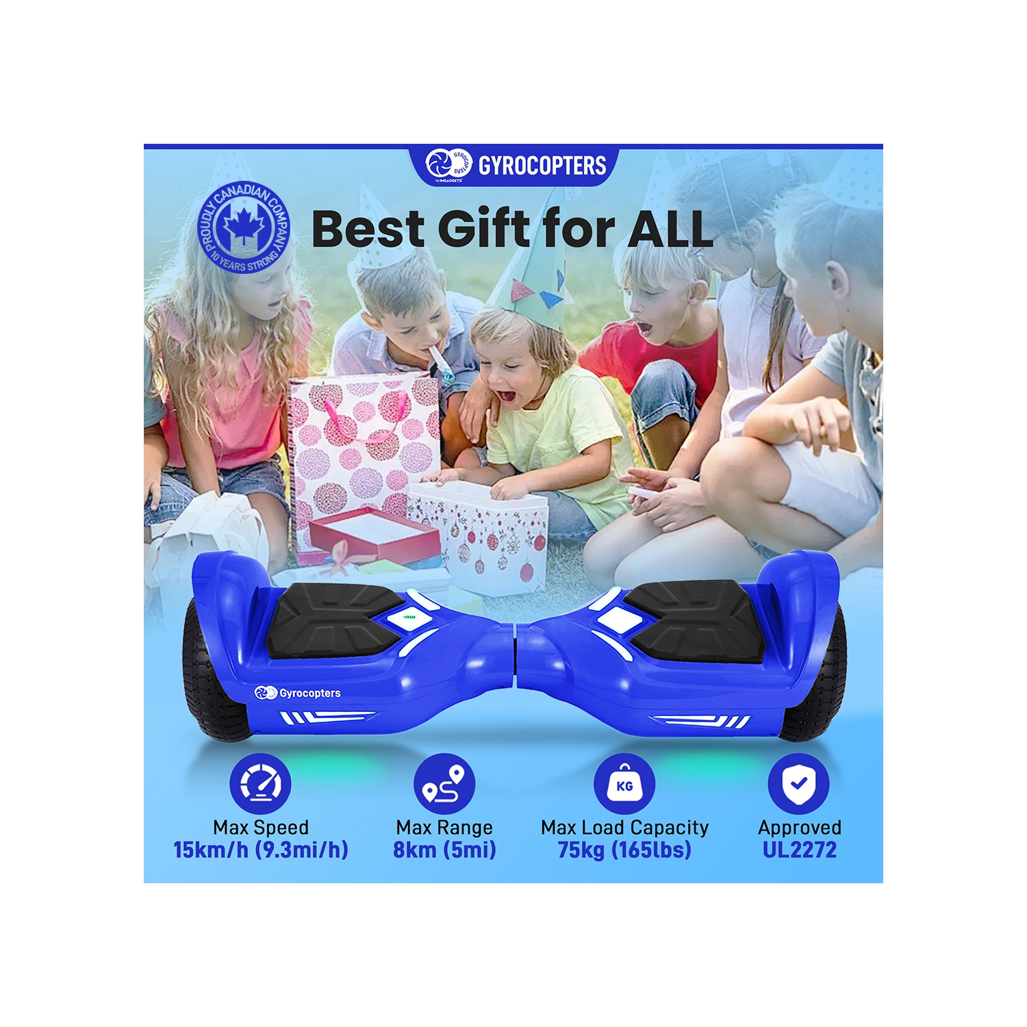 Gyrocopters Prime All-Terrain Hoverboard for Kids | Speed up to 15km/h | 300W Powerful Motor | 6.5” LED wheels | 165lbs weight capacity | UL2272